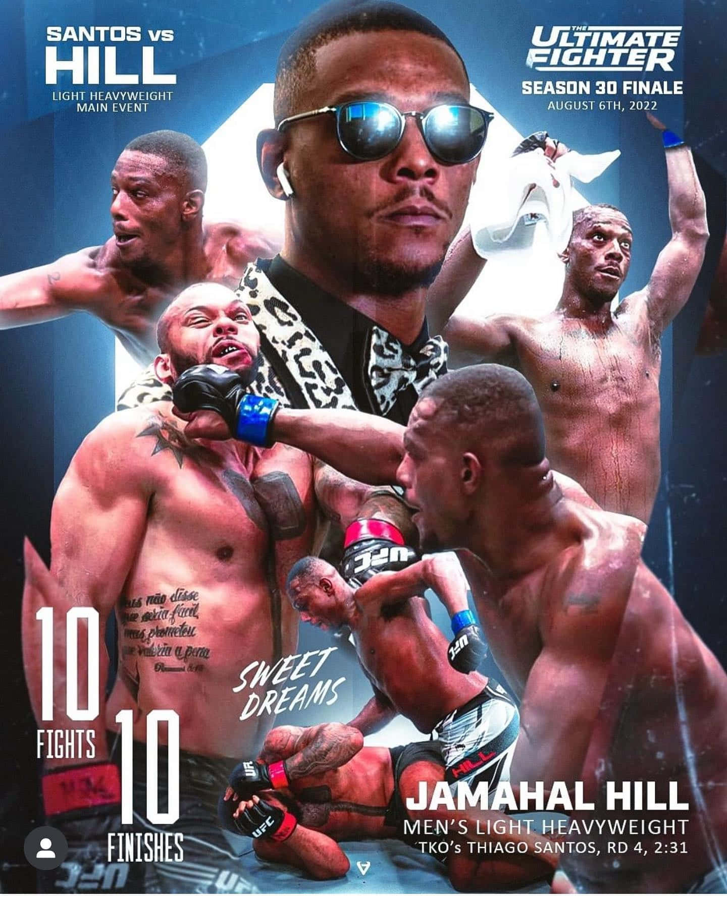 MMA 桌布 壁紙 — 一張動態的UFC海報，展示拳手Jamahal Hill的多個動作姿勢，並以粗體文字宣布他的10勝0敗戰績和The Ultimate Fighter第30季決賽。