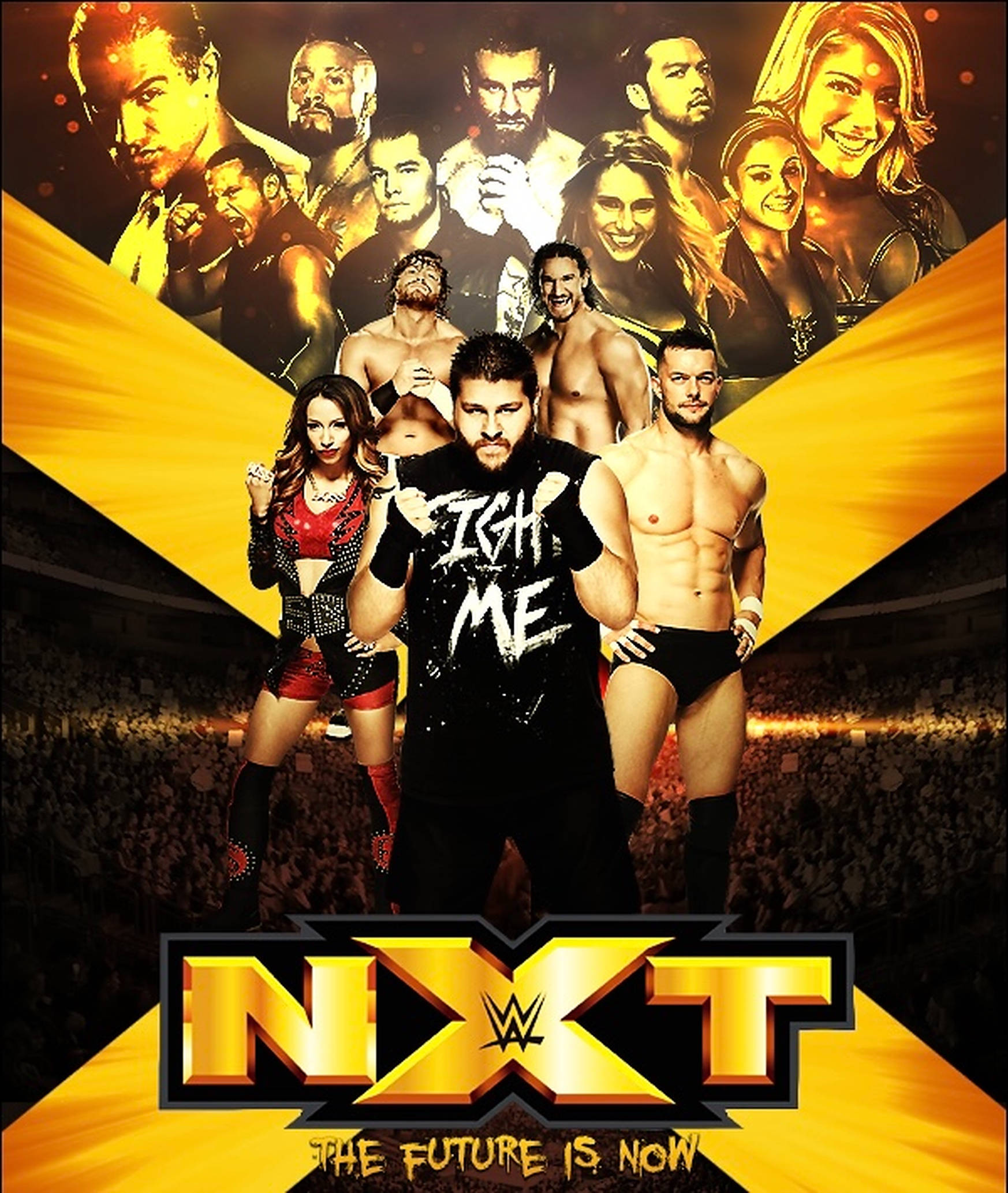 WWE Nxt 桌布 壁紙 — 一張動態的WWE NXT摔角宣傳海報， featuring 肌肉發達的運動員和金色燈光下歡呼的人群。