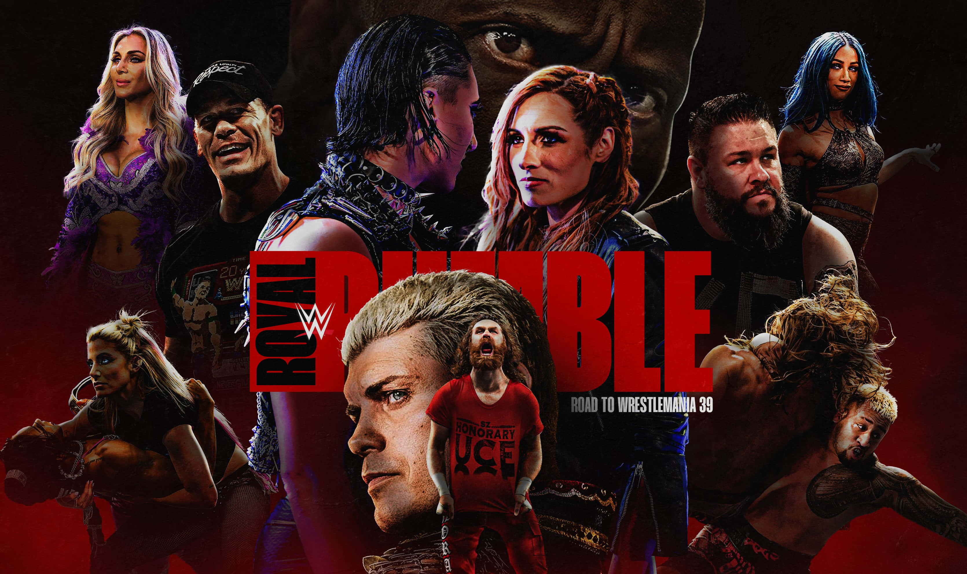 Royal Rumble 桌布 壁紙 — 一張動態的WWE Royal Rumble宣傳海報，多位摔角手在深紅色背景前擺出激烈姿勢。