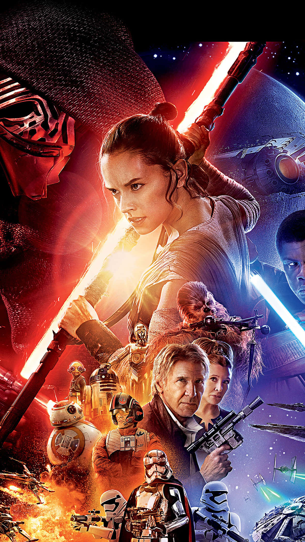 Star Wars The Force Awakens 桌布 壁紙 — 一張動態的星際大戰海報，描繪芮揮舞著發光的光劍，背景是宇宙，並有凱羅·忍和其他標誌性角色。