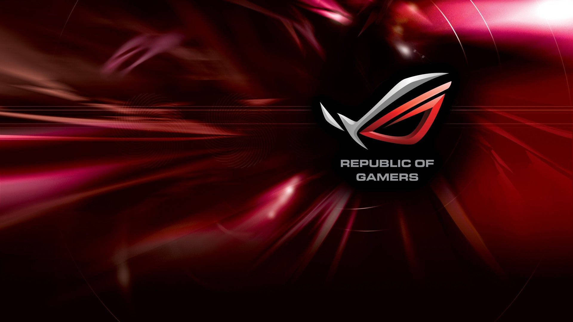 Rog 桌布 壁紙 — 一張動態的紅黑數位桌布， featuring Republic of Gamers 標誌和耀眼的光線條紋。