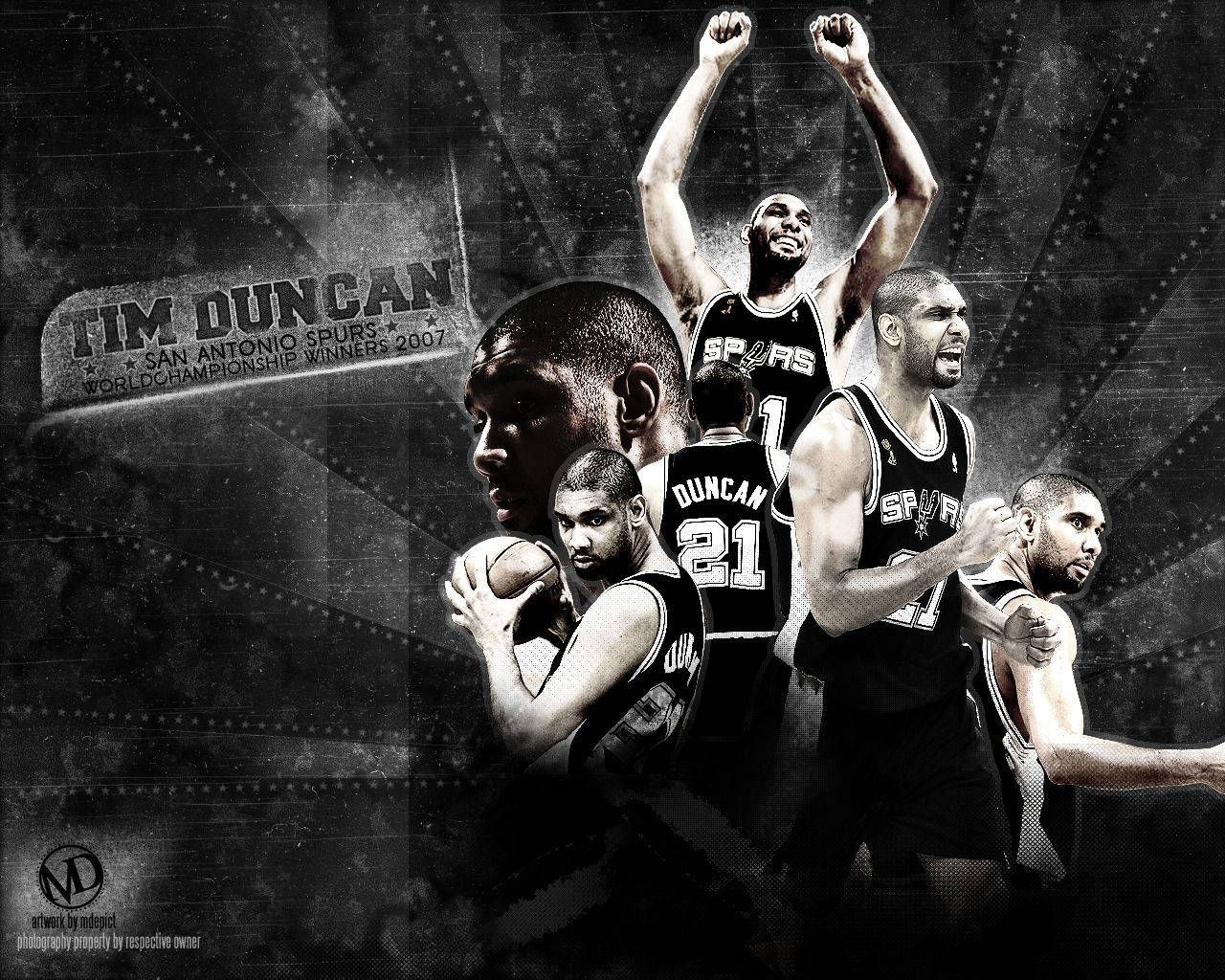 Tim Duncan 桌布 壁紙 — 一張動態的黑白拼貼畫，展示蒂姆·鄧肯在各種激烈的籃球姿勢中慶祝他與馬刺隊的2007年冠軍。