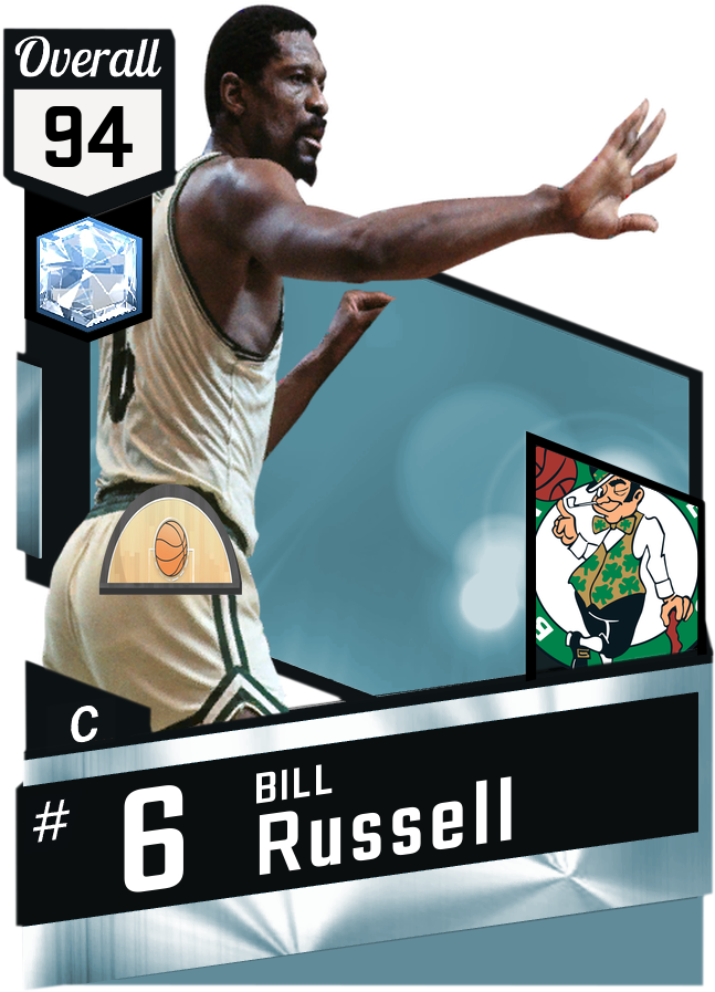 史蒂芬·柯瑞 桌布 壁紙 — 一張動態籃球卡， featuring Bill Russell 在行動中，附有 'Overall 94' 評級和 Celtics 標誌。