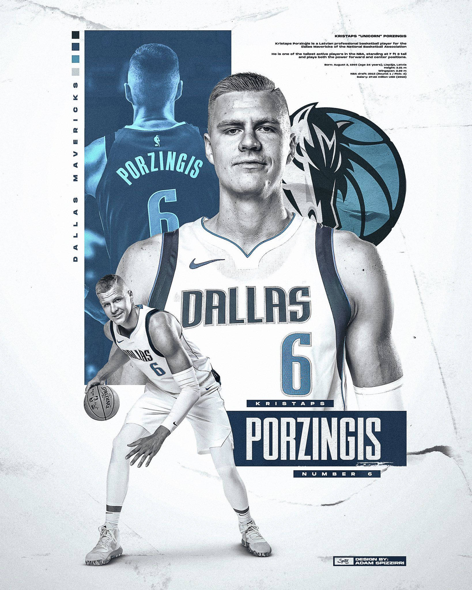 Kristaps Porzingis 桌布 壁紙 — 一張動態籃球運動員肖像， featuring Kristaps Porzingis 穿著達拉斯獨行俠裝備，包含多個動作鏡頭和球隊品牌。