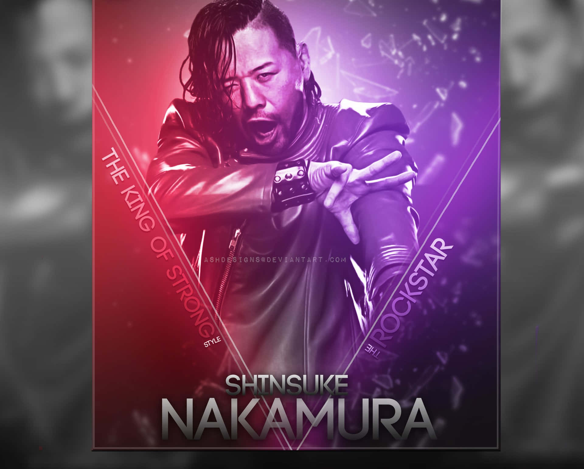 WWE 桌布 壁紙 — 一張動態肖像，摔角手中邑真輔身穿皮夾克，背景為鮮豔的紅紫漸變色，並帶有粗體文字。