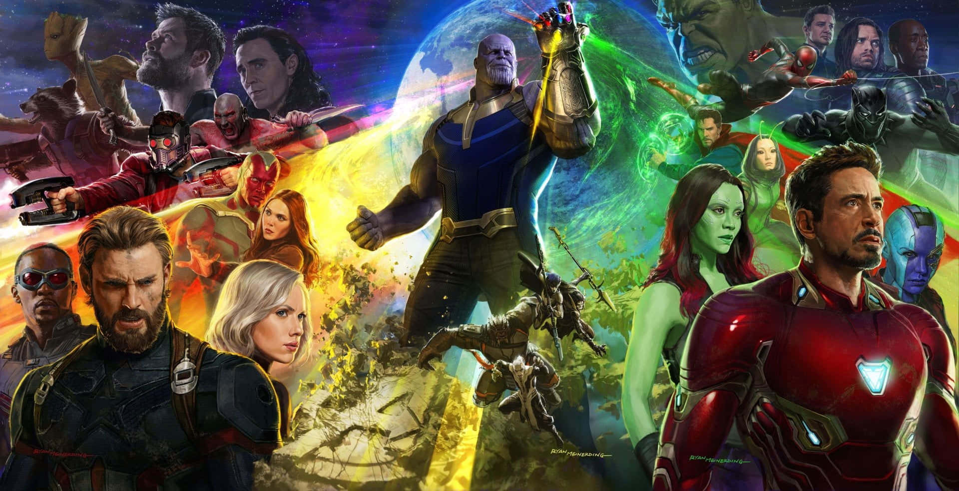 Avengers Movie 桌布 壁紙 — 一張動態超級英雄拼貼畫， featuring Thanos 揮舞著無限手套，被標誌性的 Marvel 英雄和反派包圍，背景是宇宙。