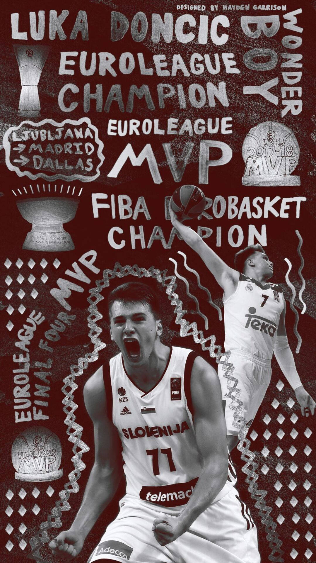 Luka 桌布 壁紙 — 一張動態黑白圖形，以粗體文字和獎盃圖標在深紅色背景上慶祝Luka Doncic成為歐洲聯賽和FIBA冠軍。