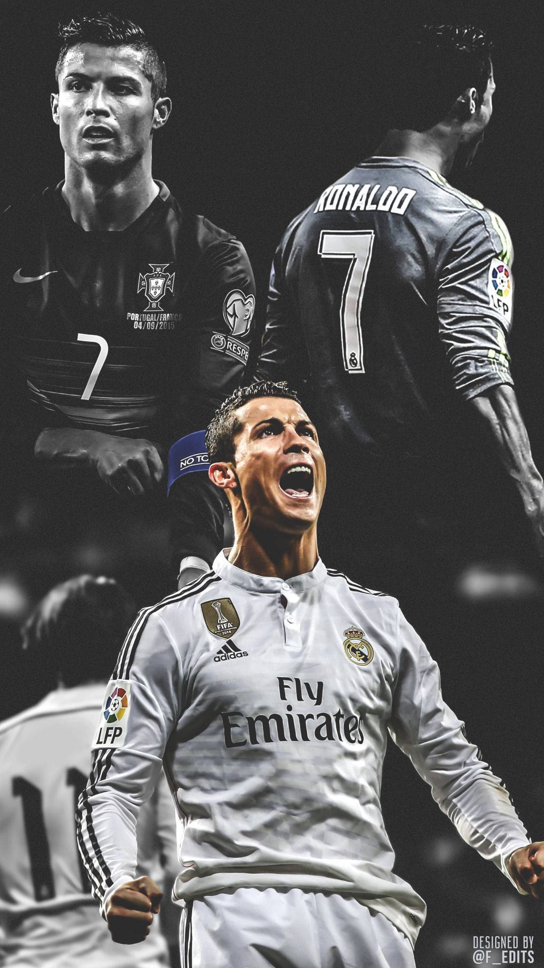 Cr7 Cool 桌布 壁紙 — 一張動態黑白拼貼畫，描繪克里斯蒂亞諾·羅納度身穿皇家馬德里7號球衣慶祝。