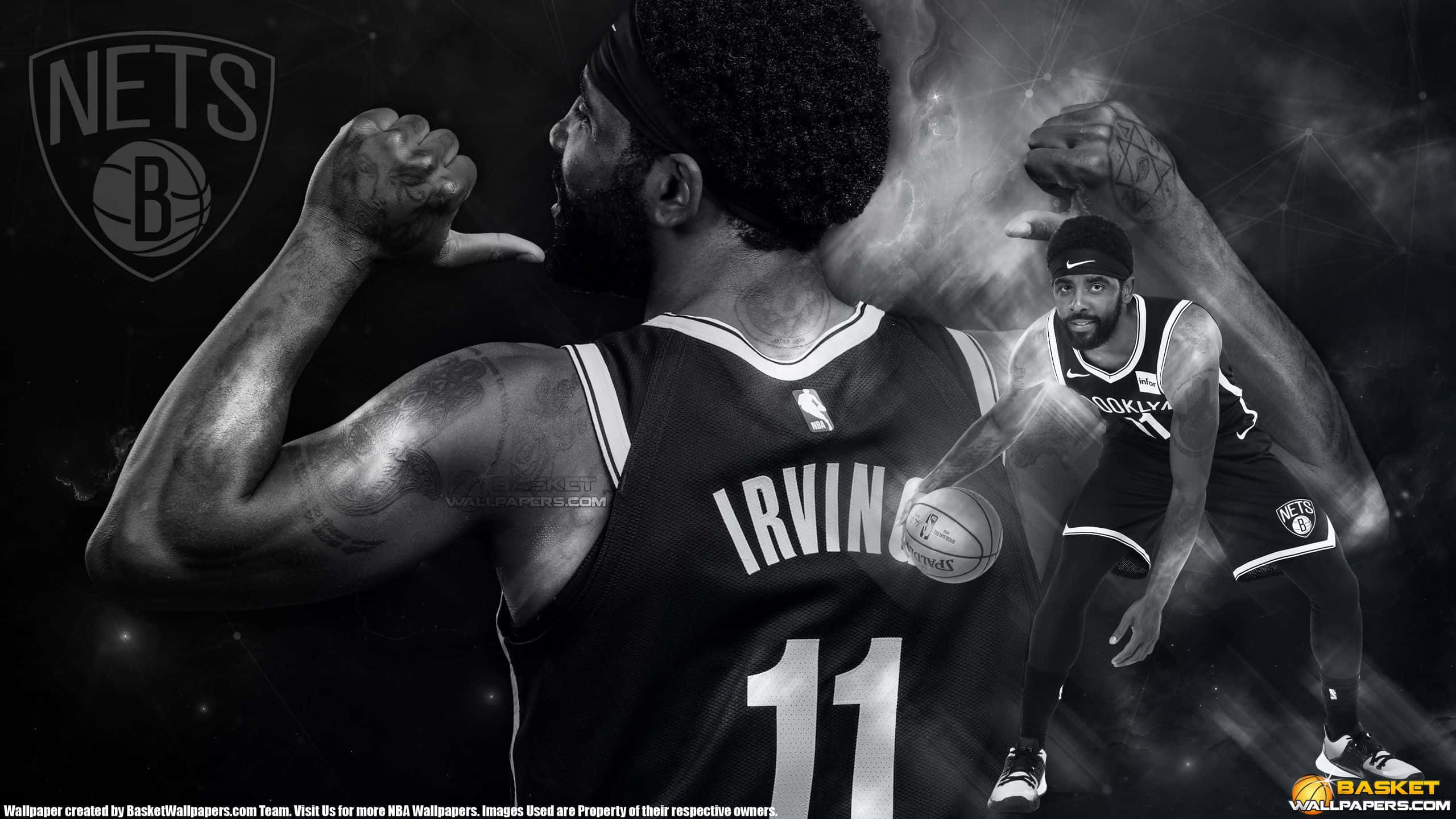 NBA 桌布 壁紙 — 一張動態黑白桌布，展示籃球運動員凱里·厄文（Kyrie Irving）的動作姿勢，球衣上印有他的名字和11號。