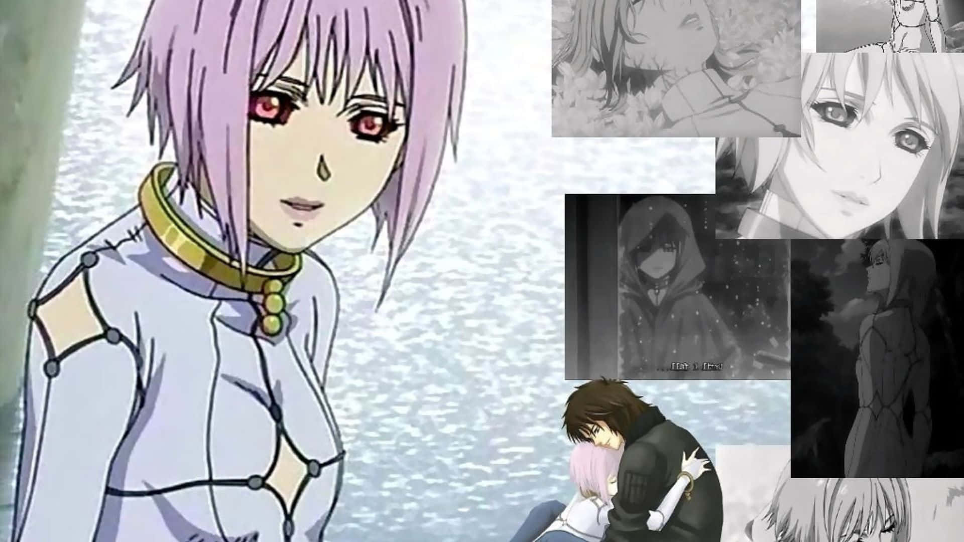 Wolf's Rain Cheza 桌布 壁紙 — 一張動漫場景拼貼畫，展示一位紫髮紅眼、身穿白色服裝的角色，周圍環繞著灰階的情感時刻。