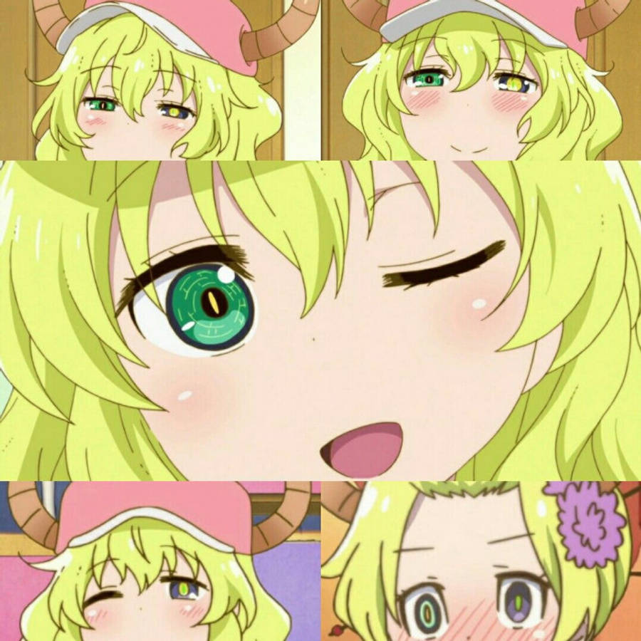 Lucoa 桌布 壁紙 — 一張動漫女孩表情拼貼畫，擁有萊姆綠色頭髮和發光的綠色眼睛，戴著粉紅色角帽。