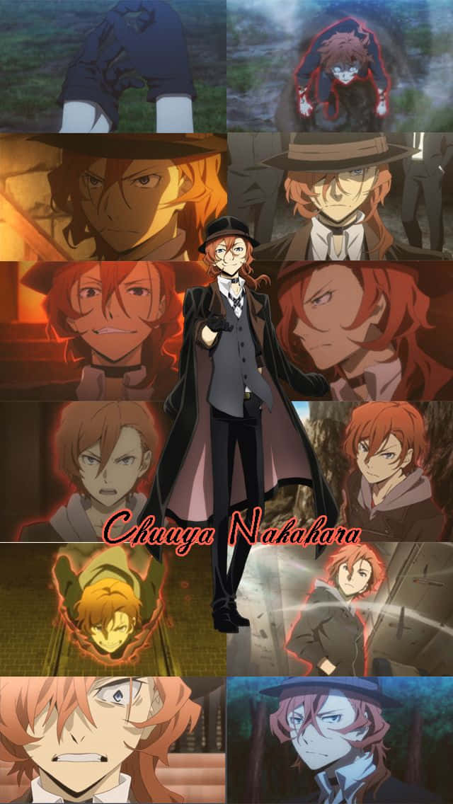 Chuya Nakahara 桌布 壁紙 — 一張動漫角色中原中也的拼貼畫，展現了他在不同場景中的各種戲劇性姿勢和表情。