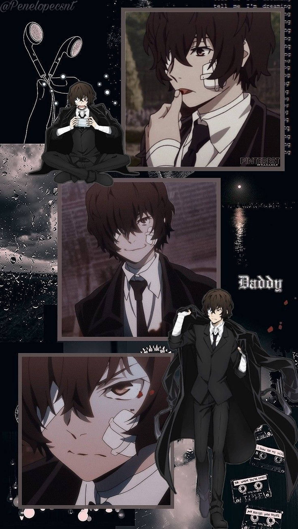 Dazai 桌布 壁紙 — 一張動漫角色場景拼貼畫，描繪一位身穿深色西裝、臉纏繃帶的男子在雨中的城市環境中。