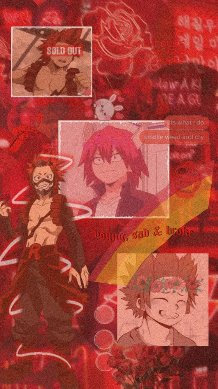 動漫男孩 桌布 壁紙 — 一張動漫角色拼貼畫，以深紅色背景襯托紅玫瑰和文字疊加。