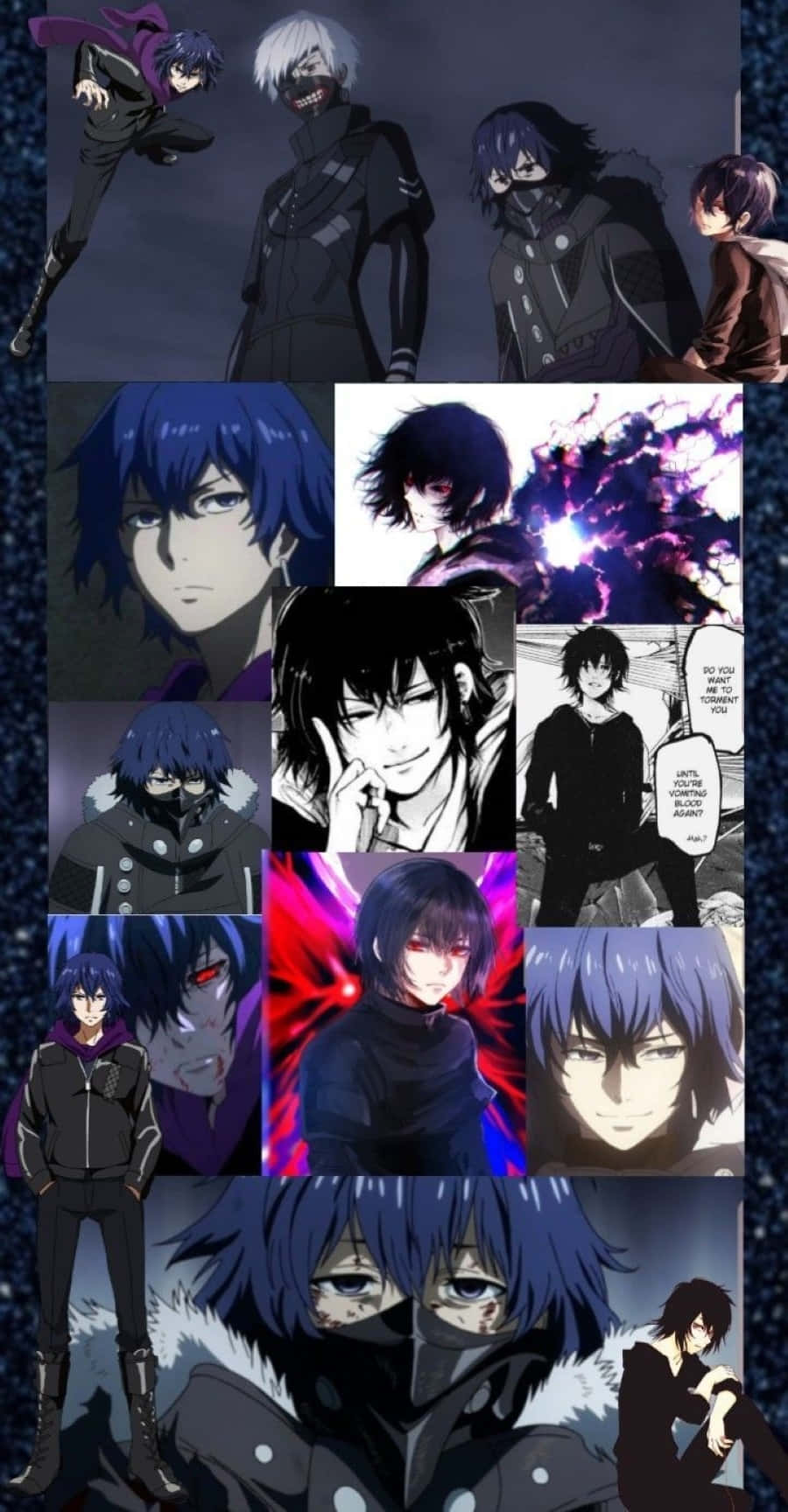 Ayato Kirishima 桌布 壁紙 — 一張動漫角色拼貼畫，以黑暗主題和紫色點綴，背景為粗獷的城市環境。