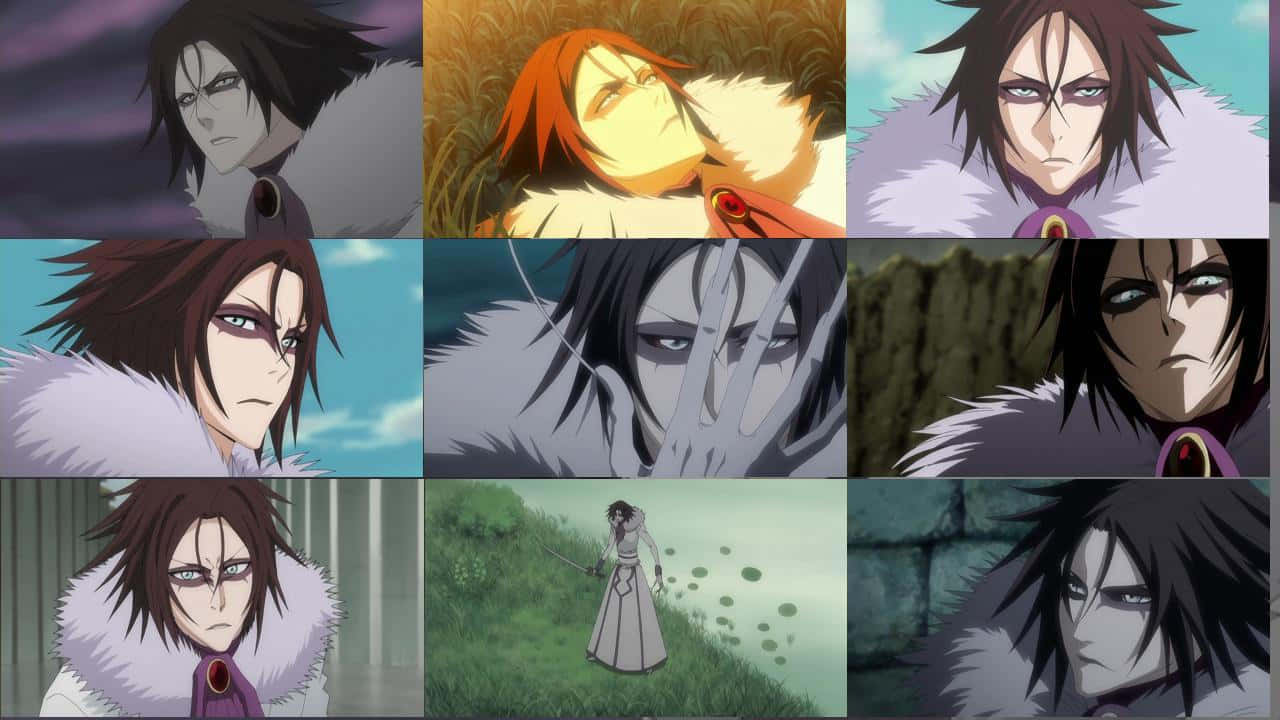 Bleach Muramasa 桌布 壁紙 — 一張動漫角色拼貼畫，角色擁有深色頭髮和強烈表情，部分穿著毛領外套，背景多樣。