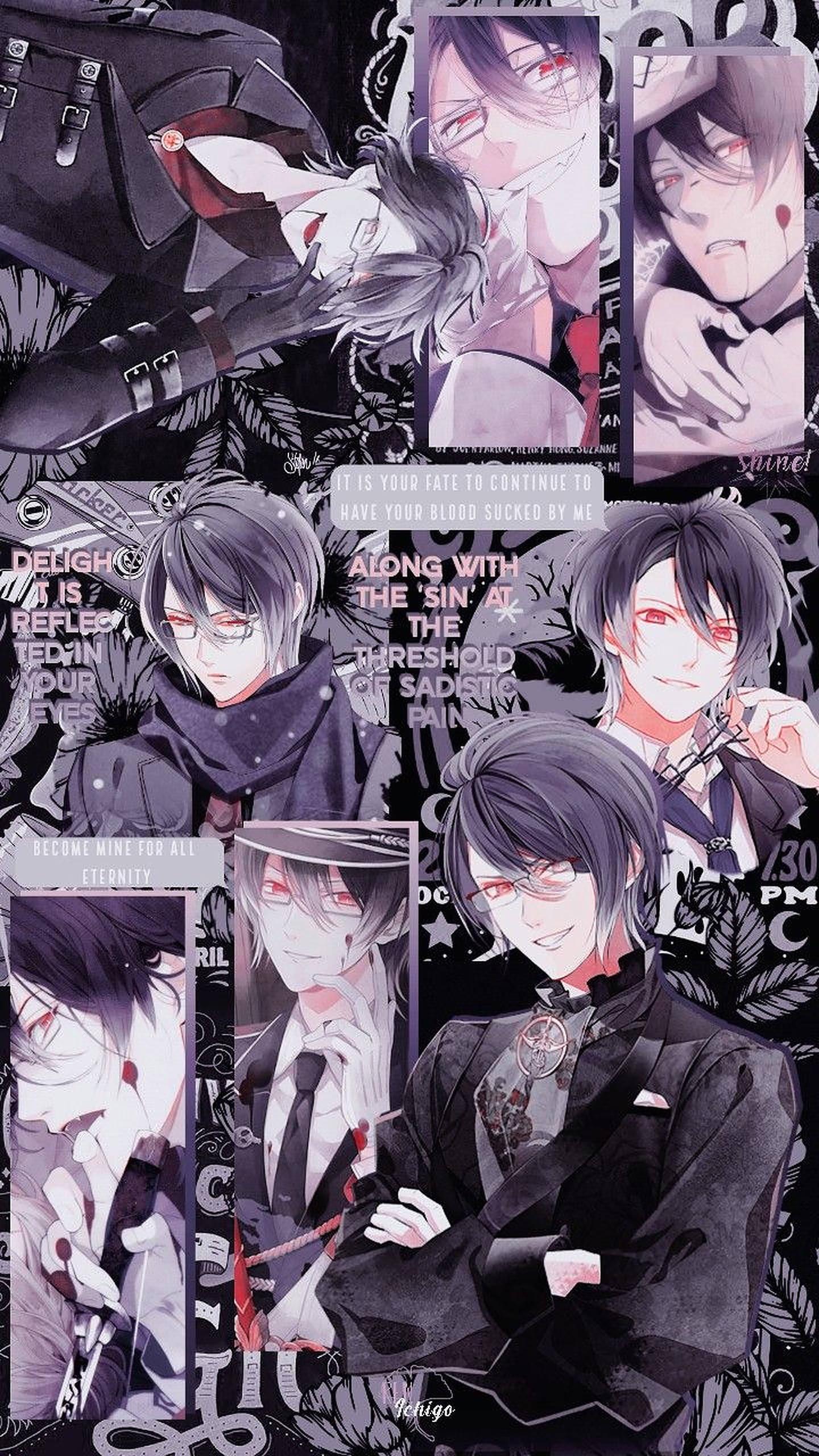 Diabolik Lovers 桌布 壁紙 — 一張動漫角色拼貼畫，角色身穿深色西裝、紅眼睛，並帶有哥德式文字，背景為黑色花卉圖案。