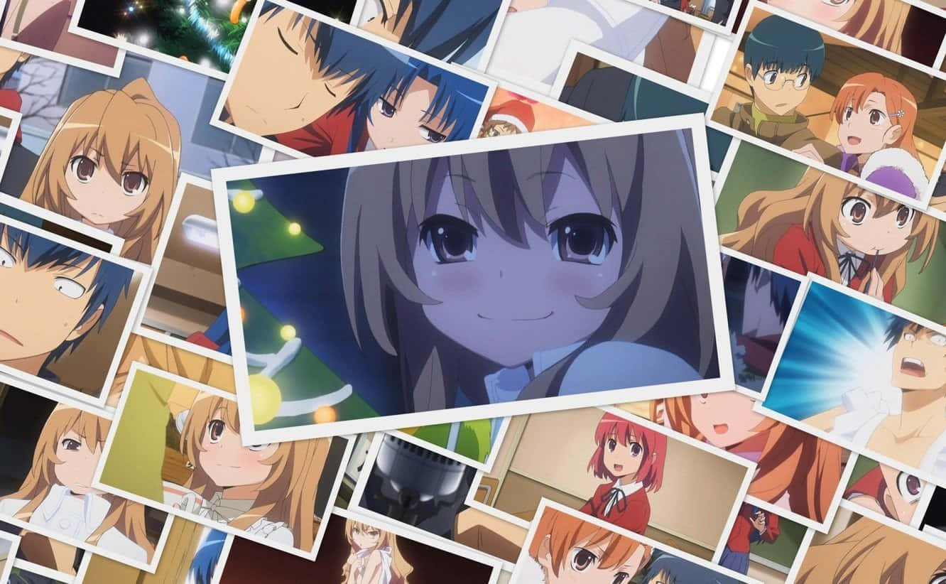 Toradora 桌布 壁紙 — 一張動漫角色照片拼貼，中央有一個微笑的女孩，背景是發光的樹。