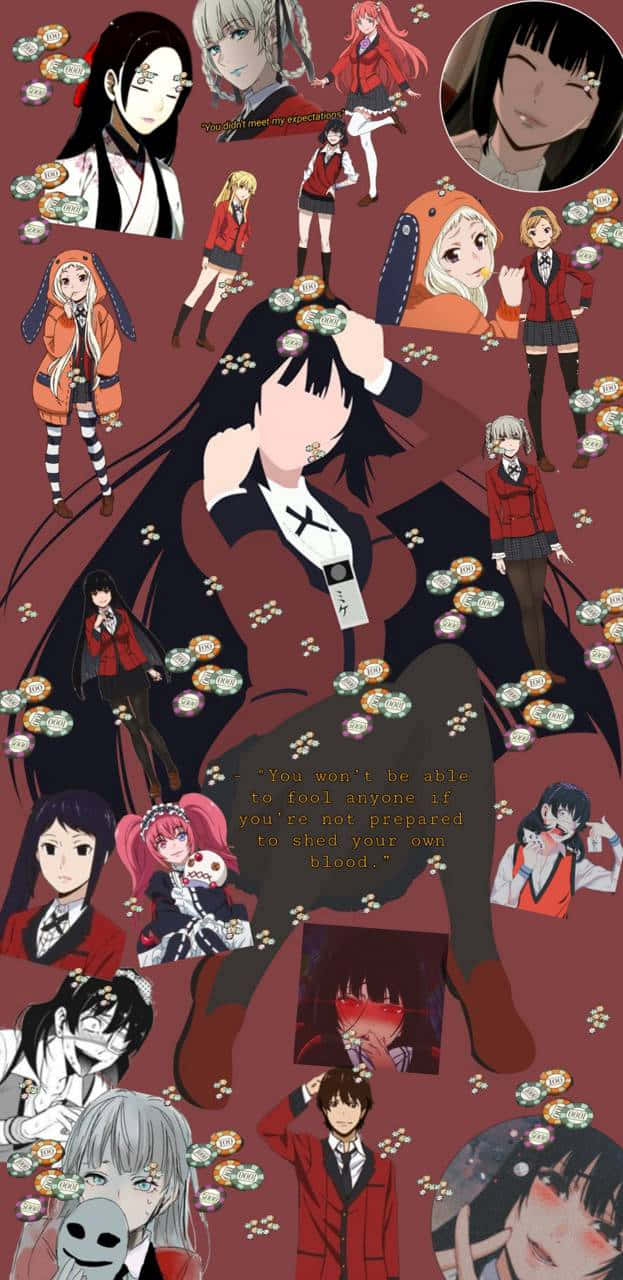 動漫 桌布 壁紙 — 一張動漫角色穿著紅色制服、散落在栗色背景上的拼貼畫，其中有漂浮的硬幣和一個穿著深色外套的中心人物。