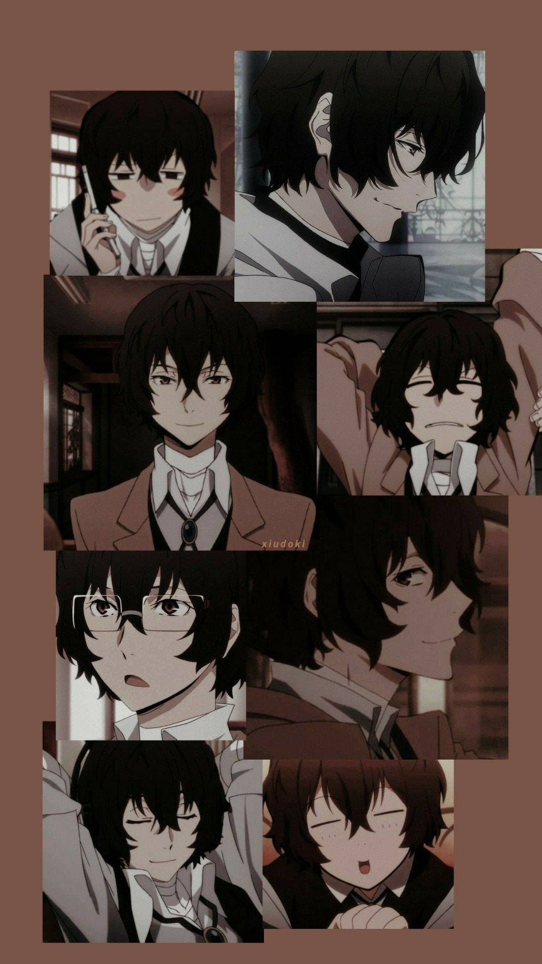 Dazai 桌布 壁紙 — 一張動漫角色肖像拼貼畫，在柔和的棕色背景上展現多種表情。