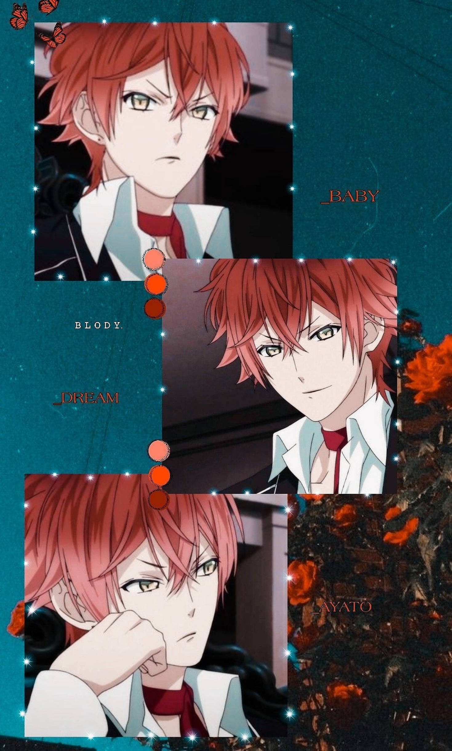 Diabolik Lovers 桌布 壁紙 — 一張動漫角色肖像拼貼畫，紅髮綠眼，以帶有花卉裝飾的藍綠色背景襯托。