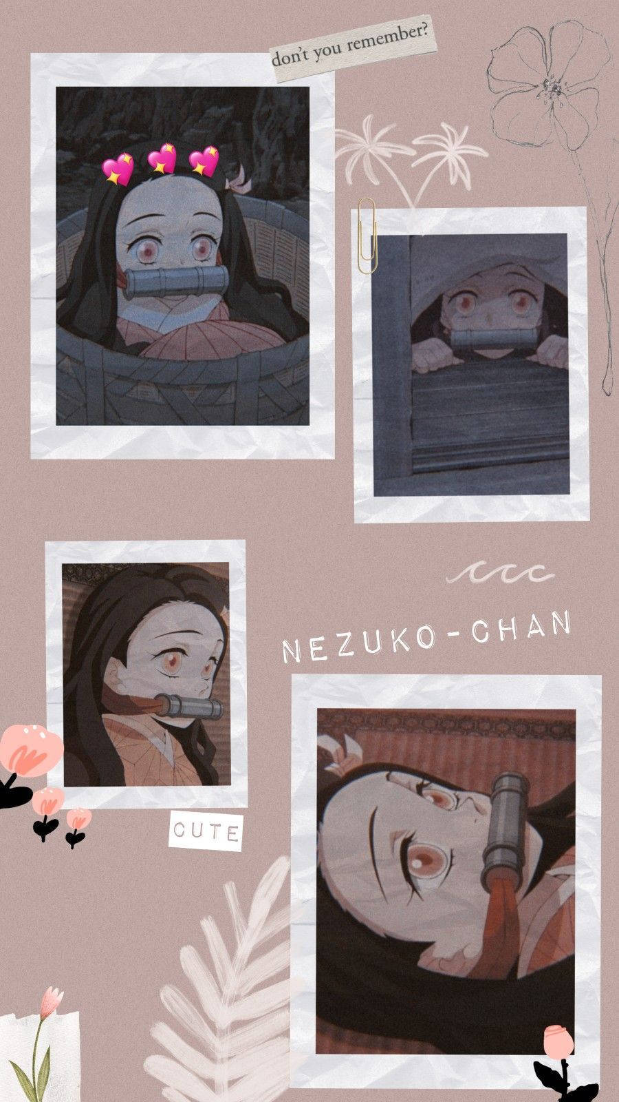 拼貼 桌布 壁紙 — 一張動漫風格照片拼貼， featuring Nezuko-chan 戴著竹製口枷和粉紅色心形髮夾，背景為柔和粉紅色。