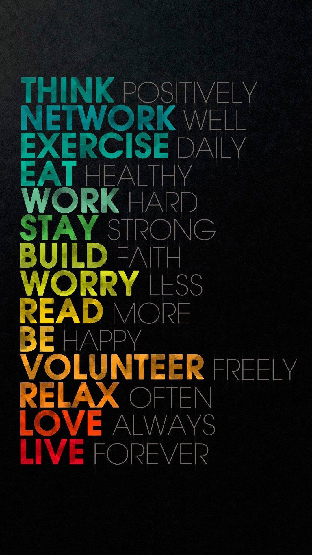 Fitness Motivation iPhone 桌布 壁紙 — 一張勵志字體海報，彩色詞語如 think eat work love 垂直排列在黑色背景上。