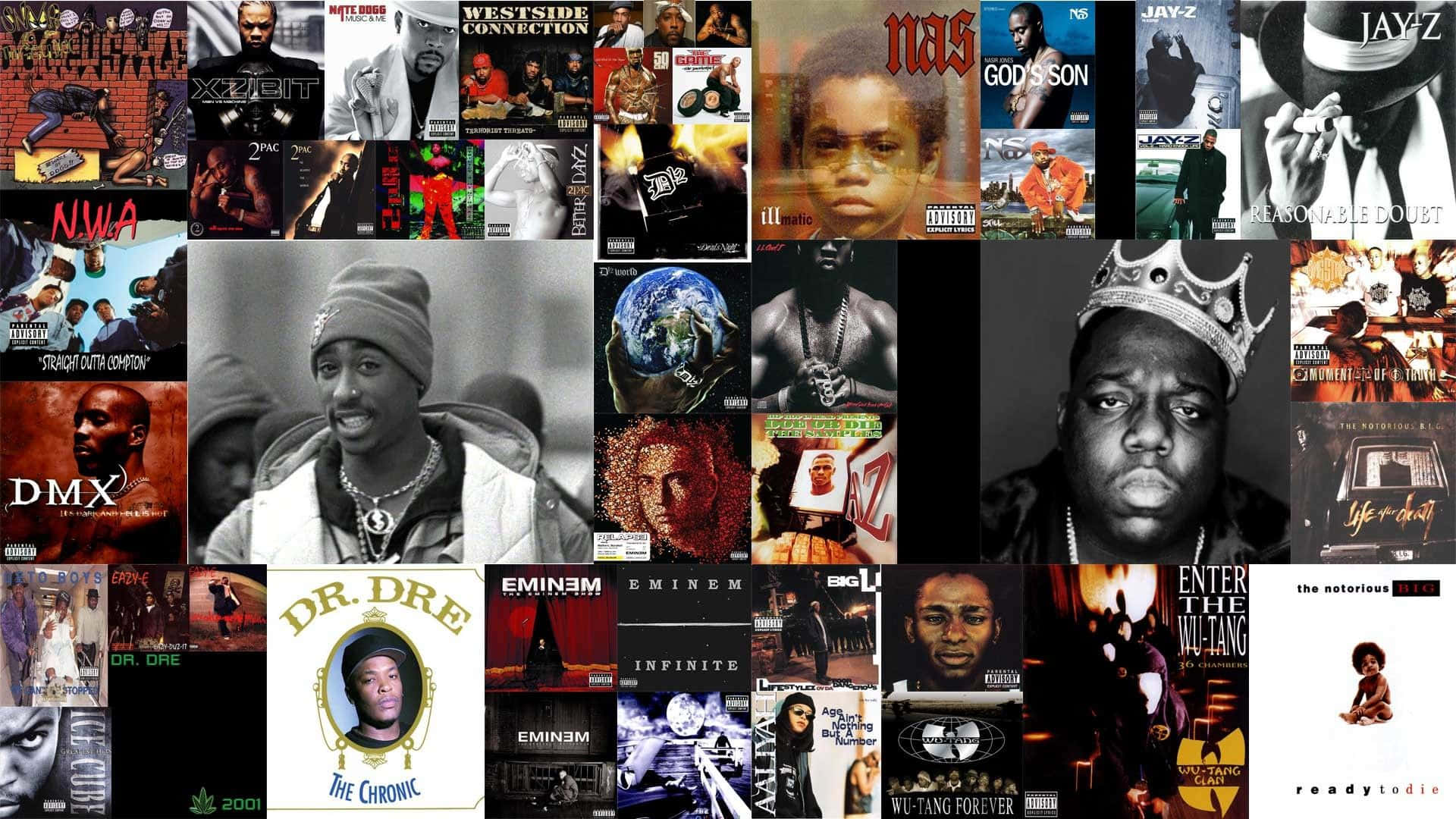 Rapper Collage 桌布 壁紙 — 一張包含Nas、DMX、Jay Z和Eminem等藝人的標誌性嘻哈專輯封面拼貼，搭配粗體字體和粗獷的城市意象。