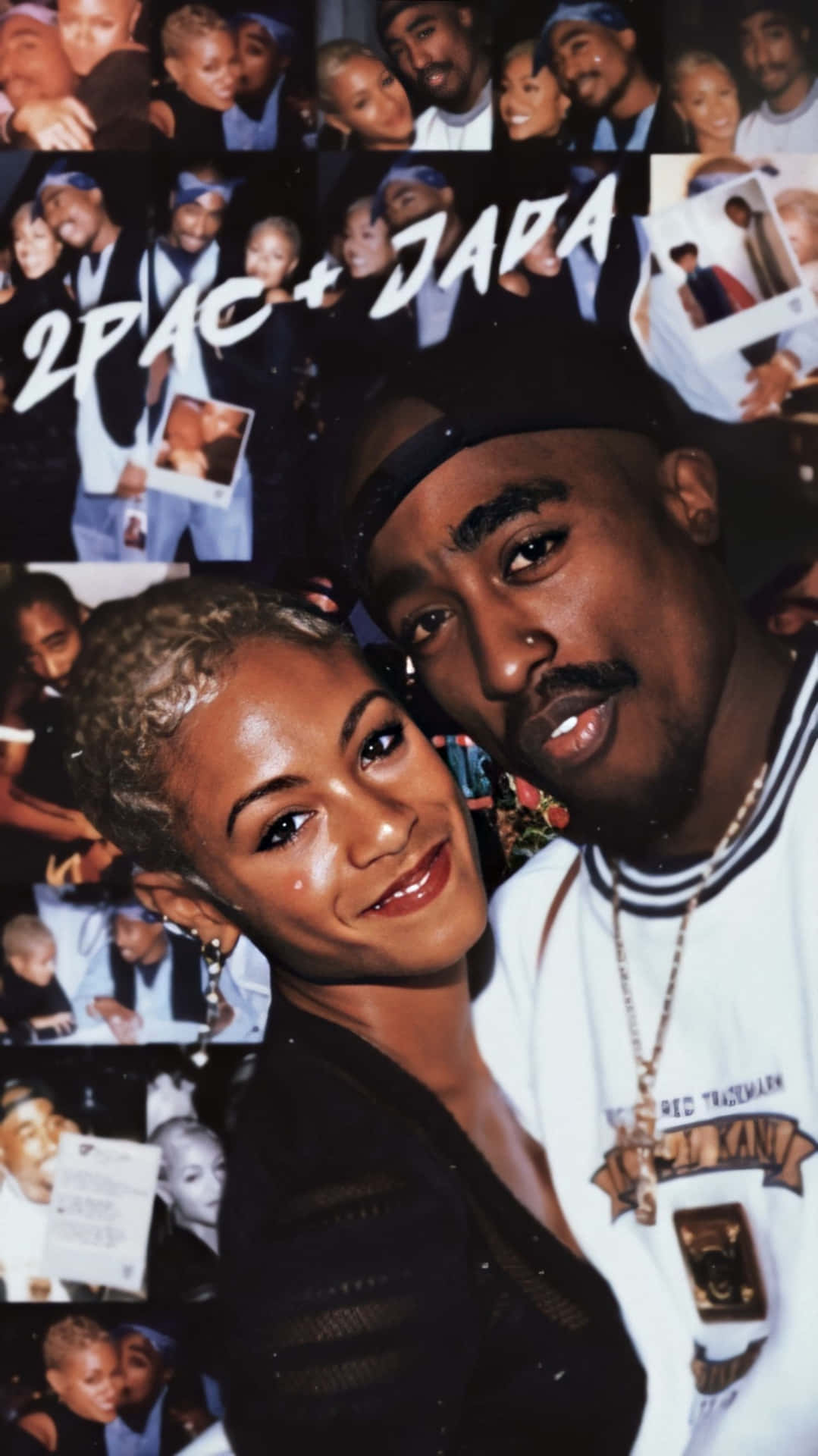 Tupac和Jada在照片拼貼中，他們的名字寫在上面。 — iPhone 14 壁紙