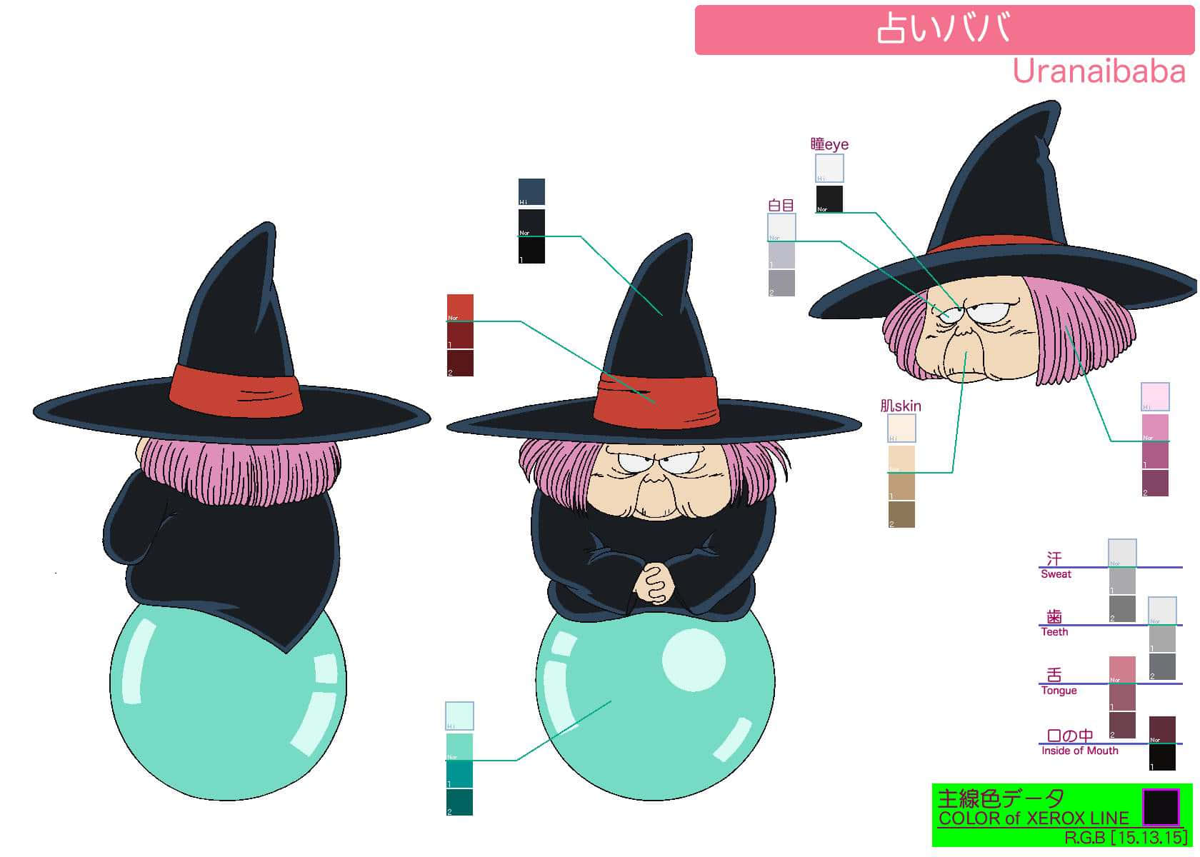 Baba Yaga 桌布 壁紙 — 一張卡通女巫角色設計表，展示粉紅色頭髮和黑色帽子女巫的色板和面部特徵。