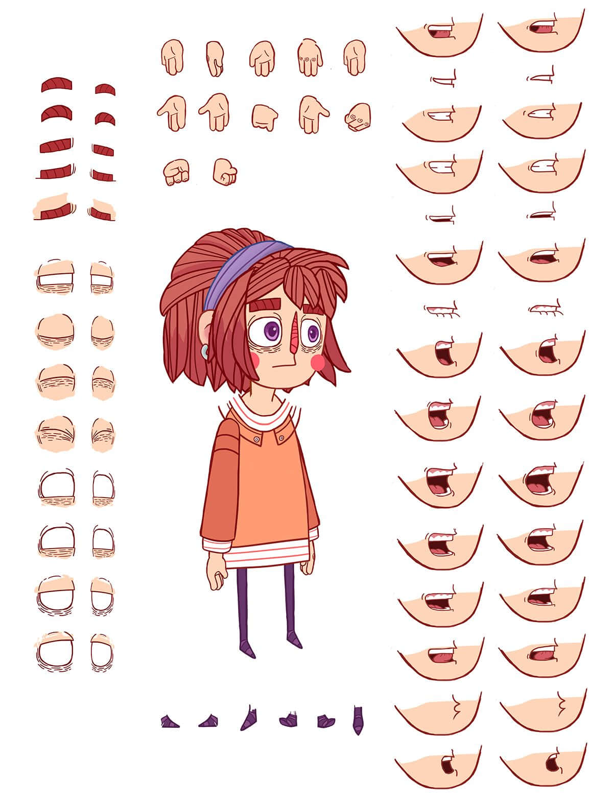 Game Animation 桌布 壁紙 — 一張卡通角色設計表，上面有一個紅髮女孩和一系列可互換的面部表情和身體部位。