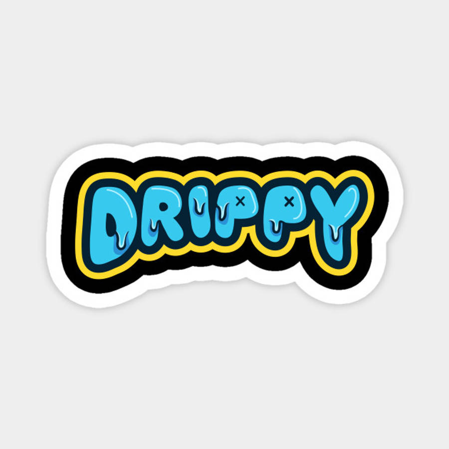 Drip 桌布 壁紙 — 一張卡通貼紙，上面有藍色滴落字體寫著「DRIPPY」，字體以黃色和黑色勾勒，背景為白色。