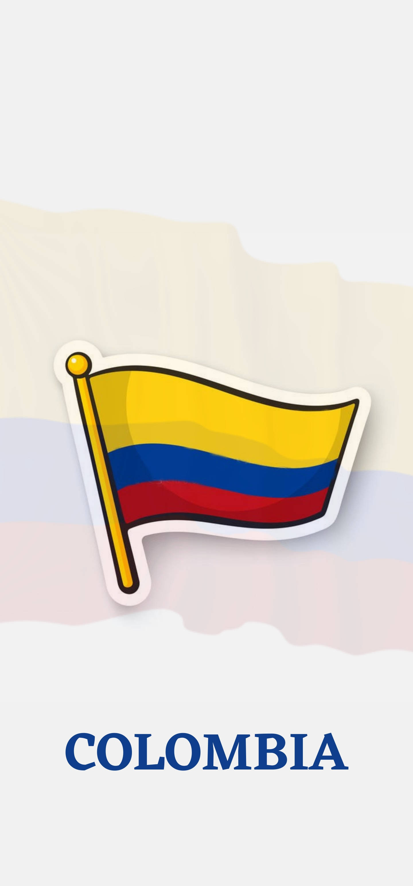 Colombia Flag 桌布 壁紙 — 一張卡通風格的哥倫比亞國旗貼紙在柔和粉彩背景上飄揚，下方有「Colombia」字樣。