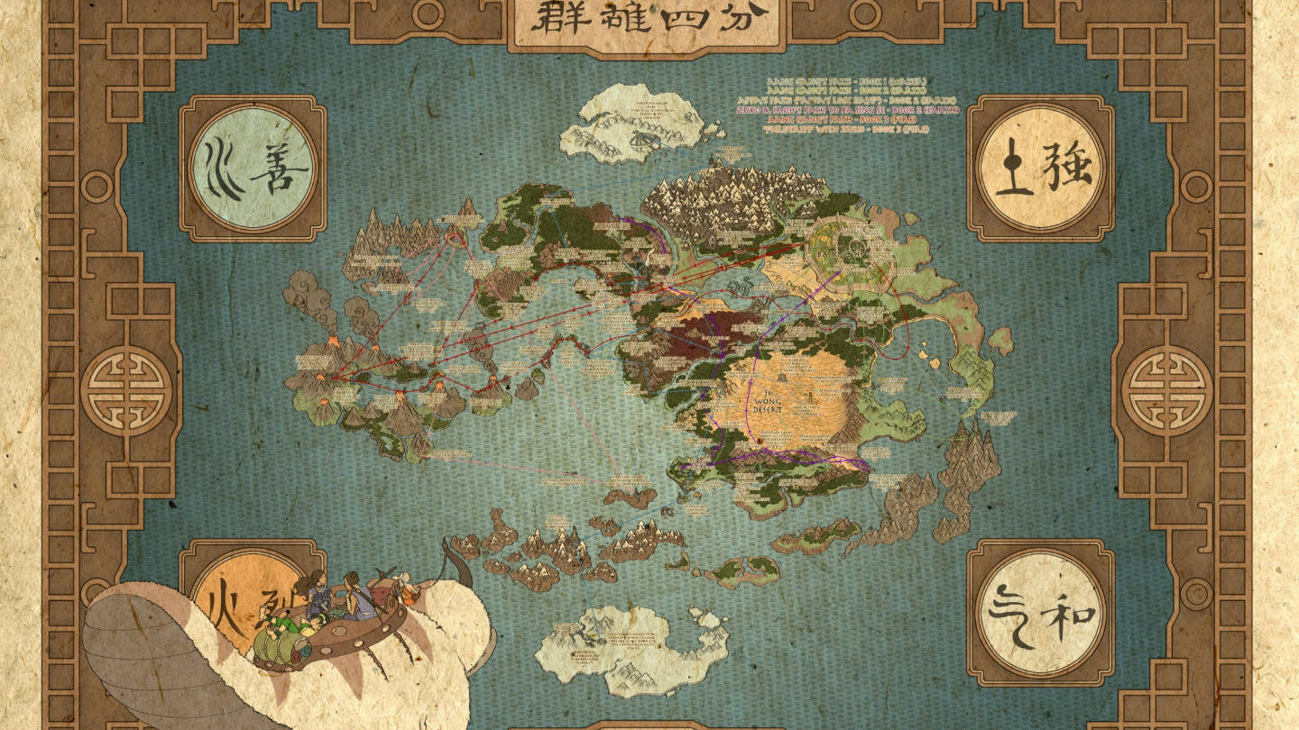 Appa 桌布 壁紙 — 一張古老羊皮紙地圖，描繪一個幻想世界，四個元素國度以符號和風格化地形標示。