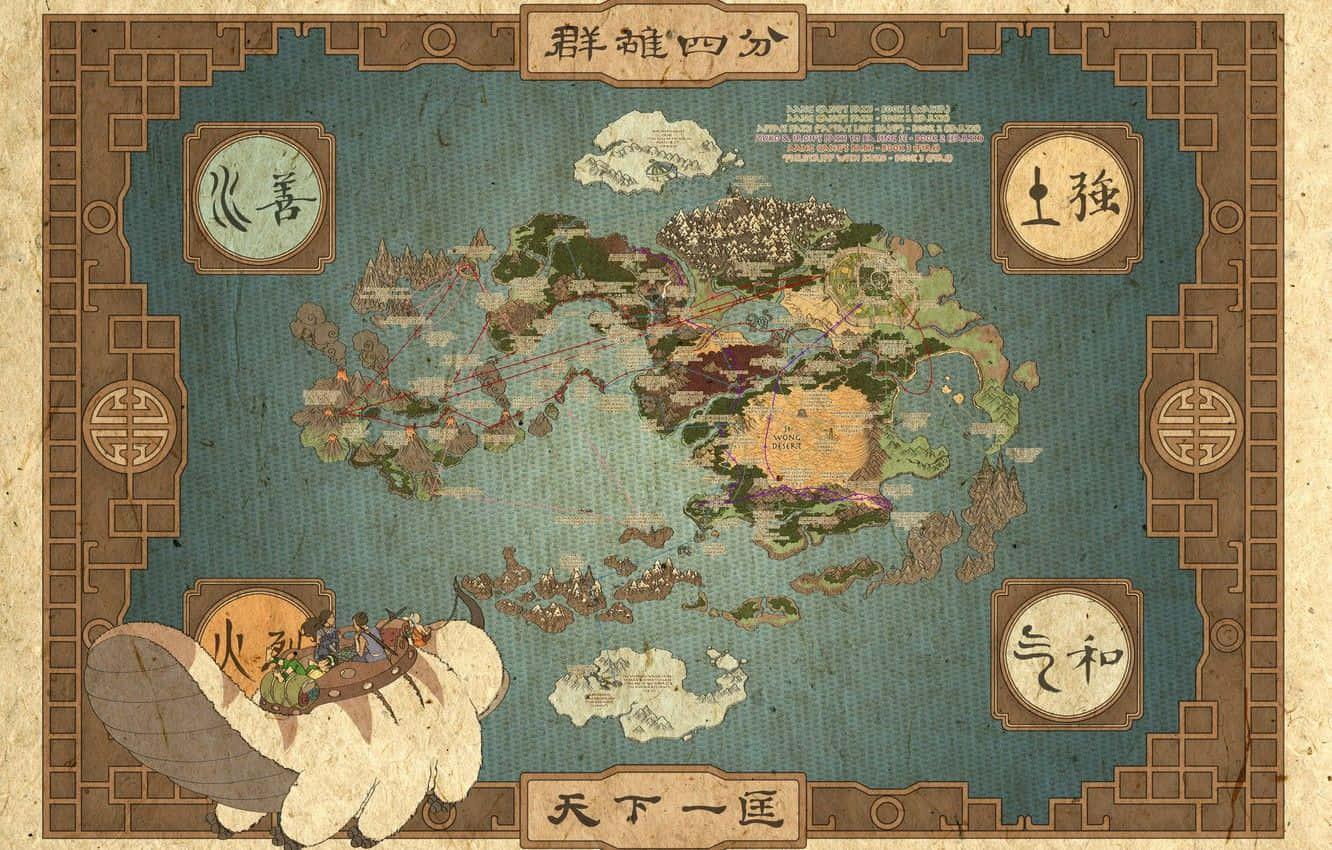 Appa Avatar 桌布 壁紙 — 一張古老羊皮紙地圖，描繪了一個擁有四個元素國度的奇幻世界，以及一隻載著旅人的飛天野牛。