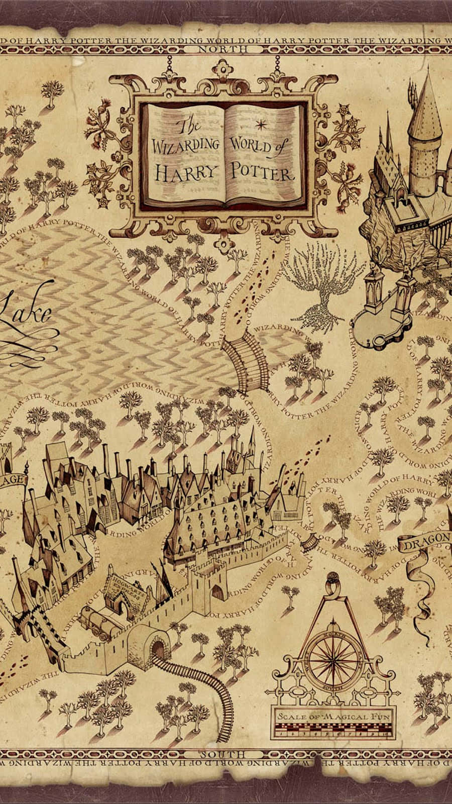 The Marauder's Map 桌布 壁紙 — 一張古老羊皮紙地圖，描繪了巫師世界，霍格華茲城堡和魔法地標以深褐色墨水繪製。