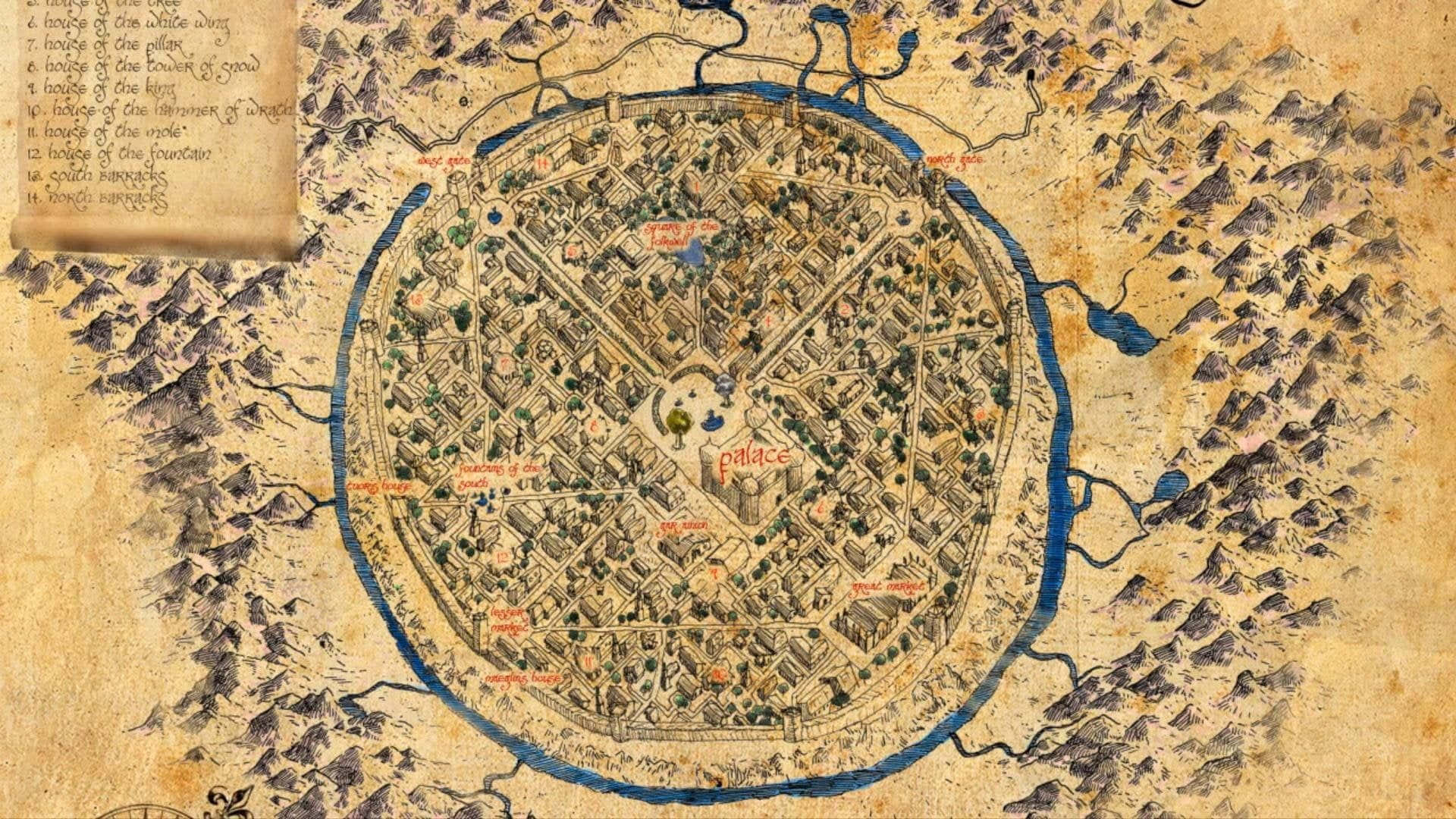 Minecraft Map 桌布 壁紙 — 一張古老羊皮紙地圖描繪了一座圓形城牆城市，帶有標記的地標以及周圍的山脈、河流和手寫筆記。