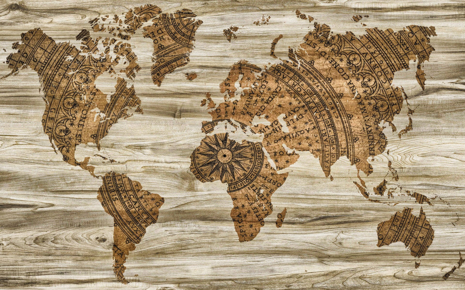 世界地圖 桌布 壁紙 — 一張古董世界地圖，以棕褐色調蝕刻在風化的木板上，可見木紋和裂縫。