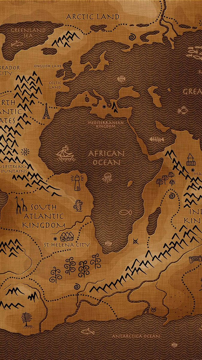 africa iPhone 桌布 壁紙 — 一張古董風格的世界地圖，在紋理棕色羊皮紙上手繪大陸、海洋和異想天開的標籤。
