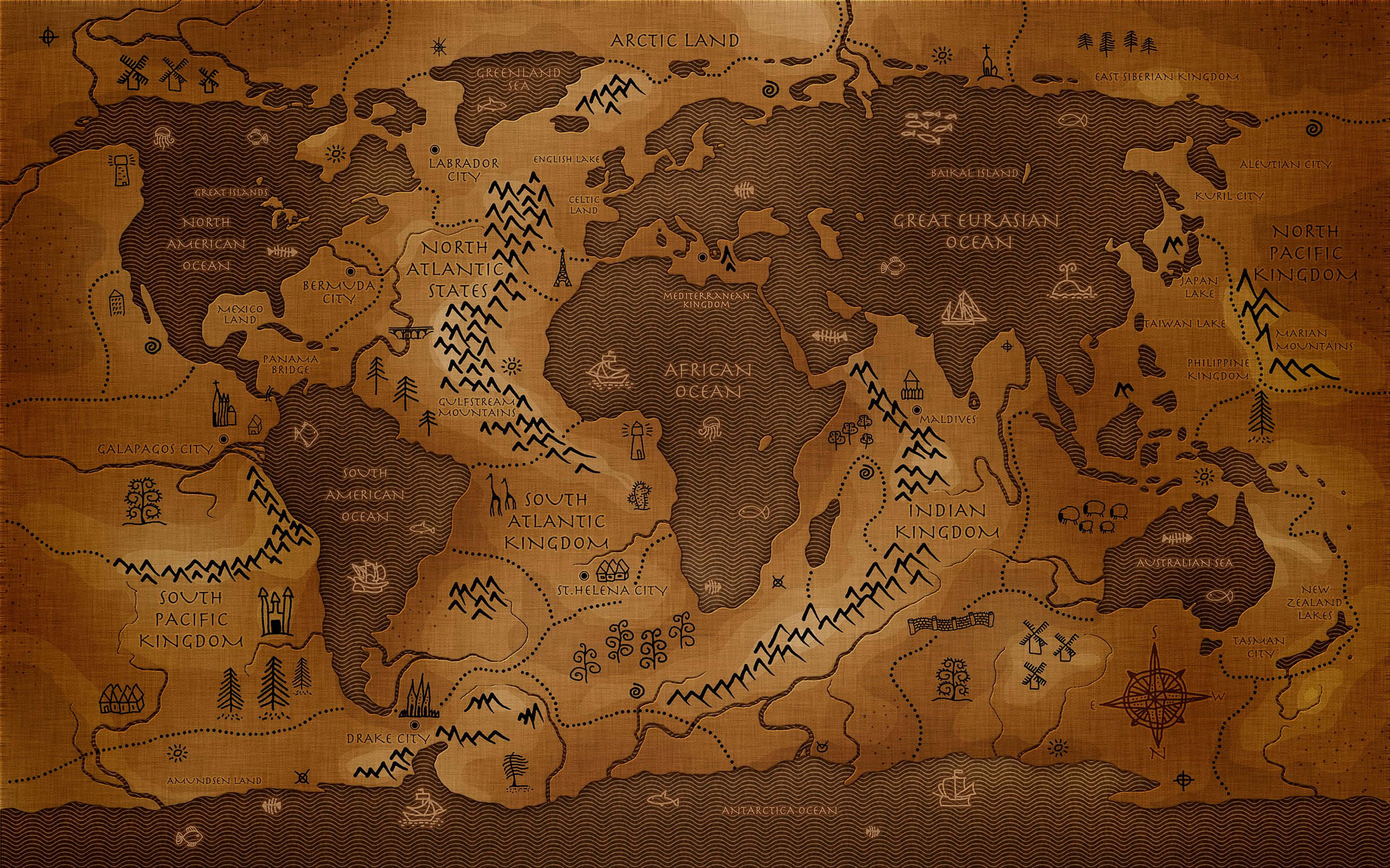 Map 桌布 壁紙 — 一張古董風格的世界地圖，在陳舊羊皮紙上手繪大陸、海洋和神話地標。