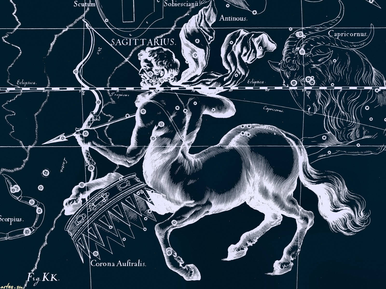 星座運勢 桌布 壁紙 — 一張古董風格的天體圖描繪了人馬座，以半人馬弓箭手的形象出現在深海軍藍背景上。