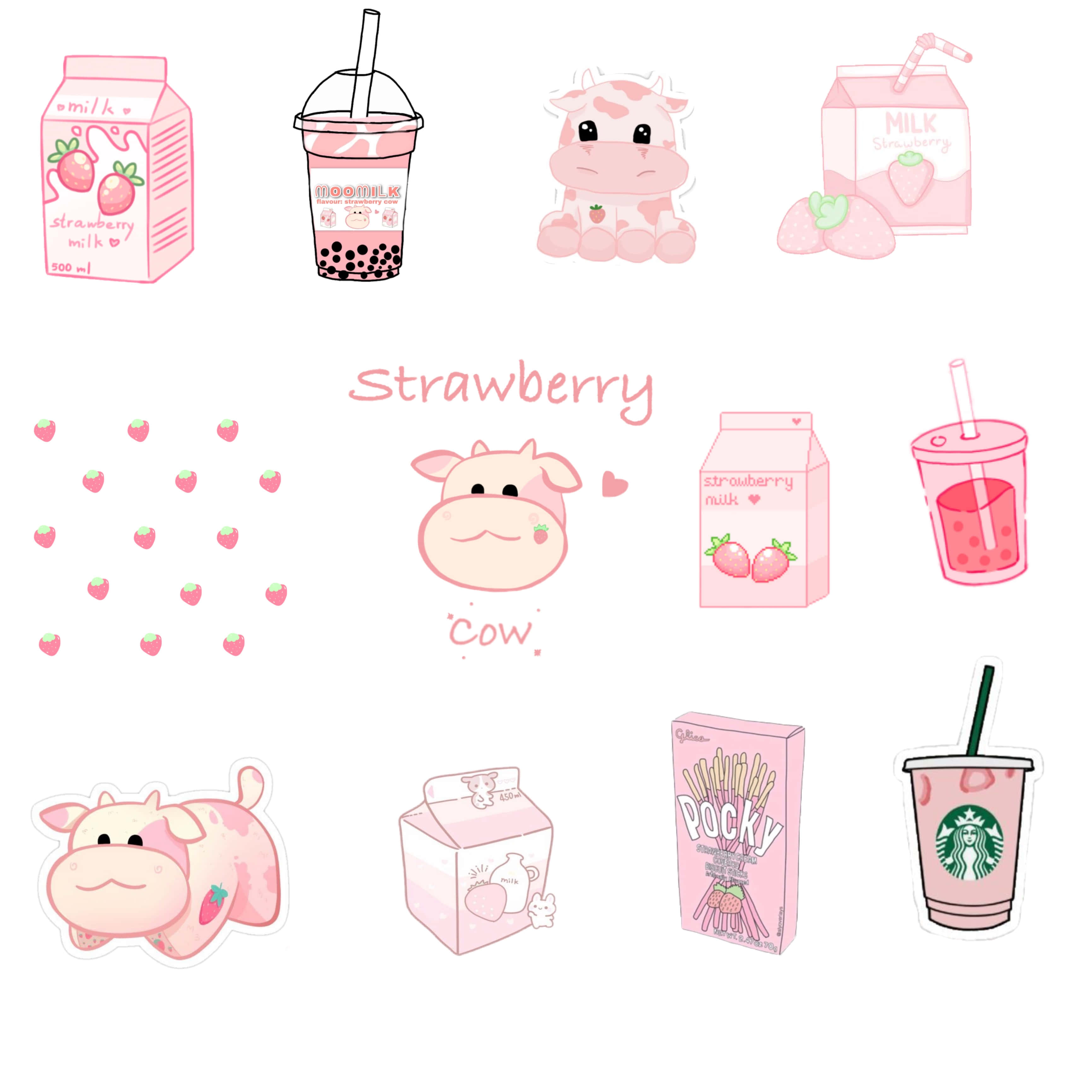 Strawberry Cow 桌布 壁紙 — 一張可愛的粉紅色主題貼紙，上面有草莓牛奶盒、珍珠奶茶、牛和零食，以俏皮的卡哇伊風格呈現。