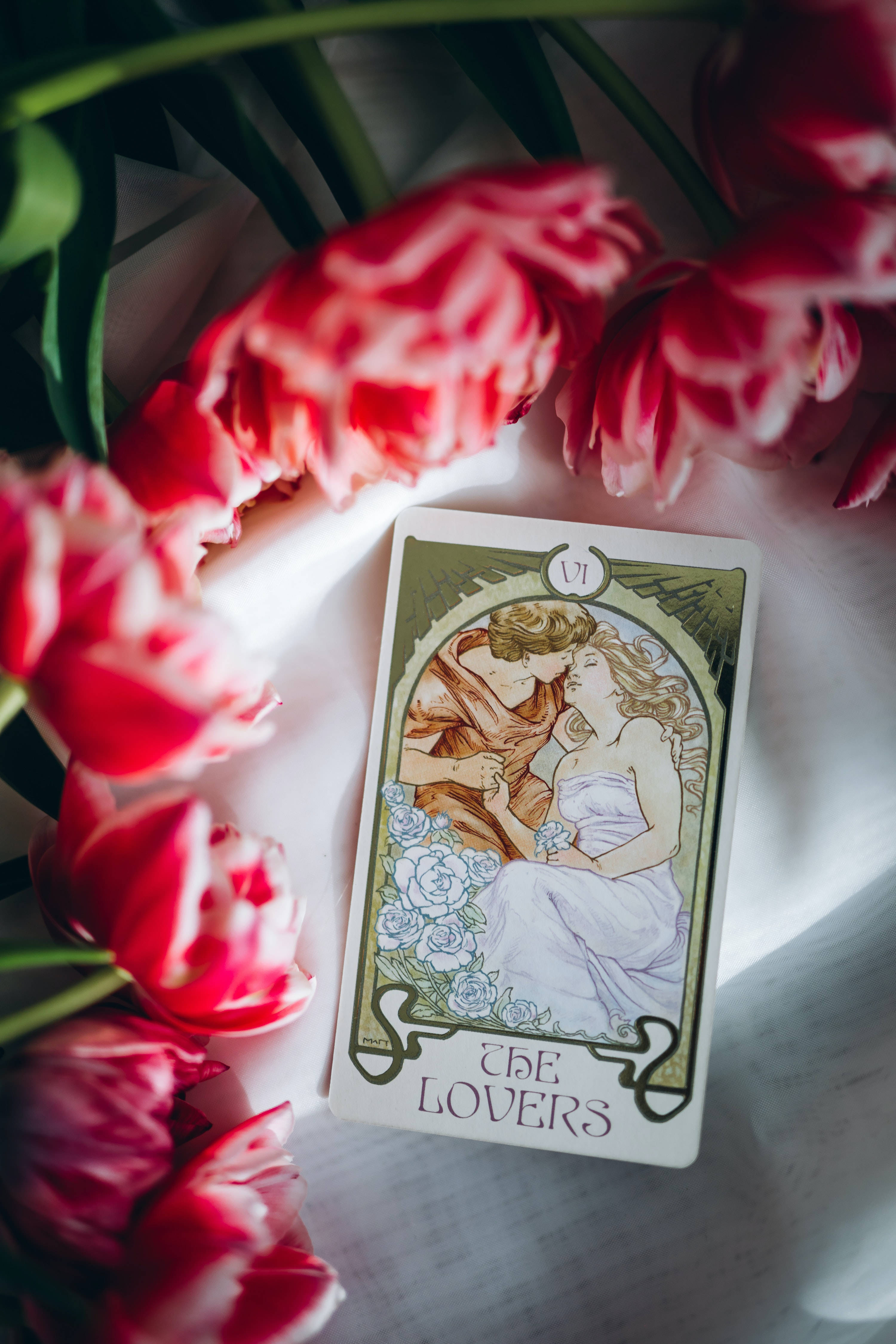Flowers 桌布 壁紙 — 一張名為「The Lovers」的復古塔羅牌，在柔和自然光下，安放在粉紅和白色鬱金香之間。