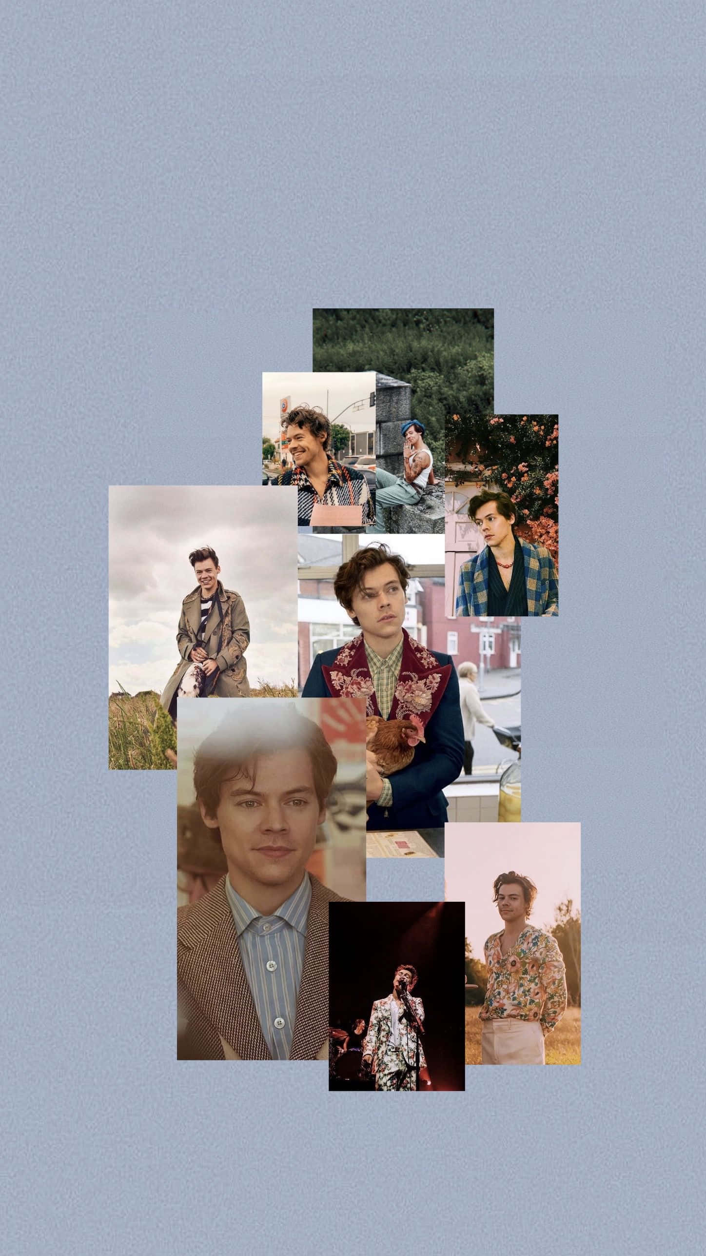 Harry Styles Collage 桌布 壁紙 — 一張哈利·斯泰爾斯（Harry Styles）在柔和藍色背景下的各種服裝和場景的拼貼畫。