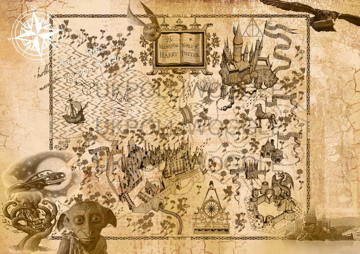 Map 桌布 壁紙 — 一張哈利波特魔法世界的古老羊皮紙地圖，上面有詳細的手繪地標，角落裡還有一個咧嘴笑的多比。