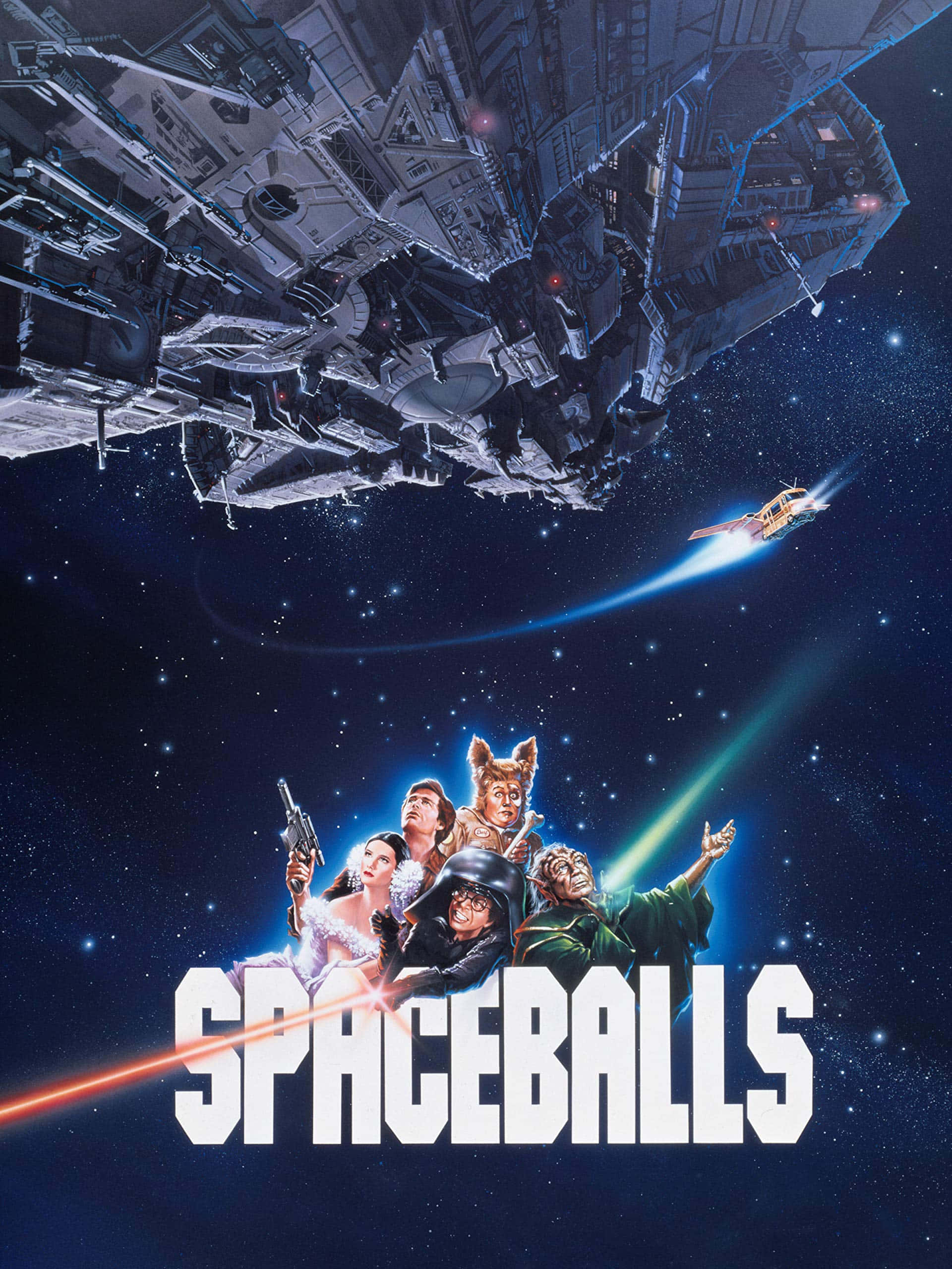 spaceballs 桌布 壁紙 — 一張喜劇太空歌劇海報，角色站在巨型太空船和小型火箭前，背景是滿天星斗的夜空。
