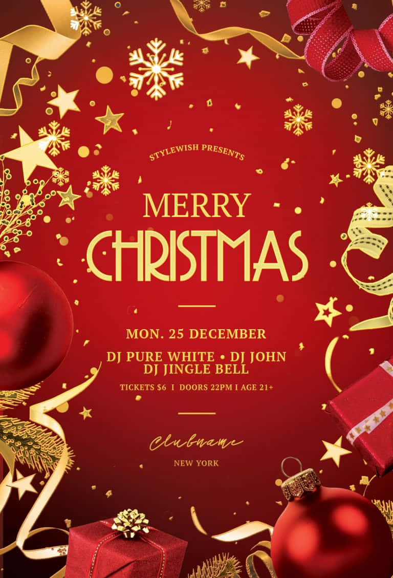Christmas Flyer 桌布 壁紙 — 一張喜慶的紅色和金色聖誕派對海報，裝飾有飾物、絲帶、雪花和活動詳情。