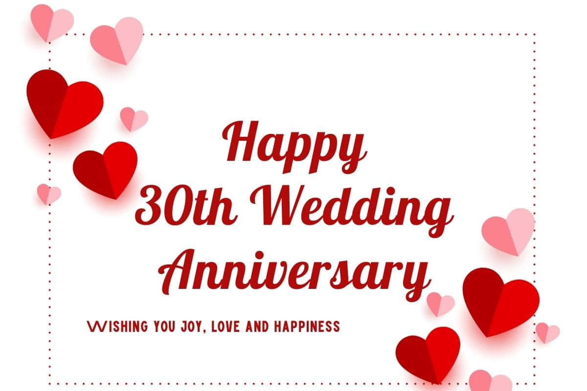 wedding anniversary 桌布 壁紙 — 一張喜慶的紅色文字賀卡，在白色背景上被漂浮的心形包圍，慶祝結婚30週年。