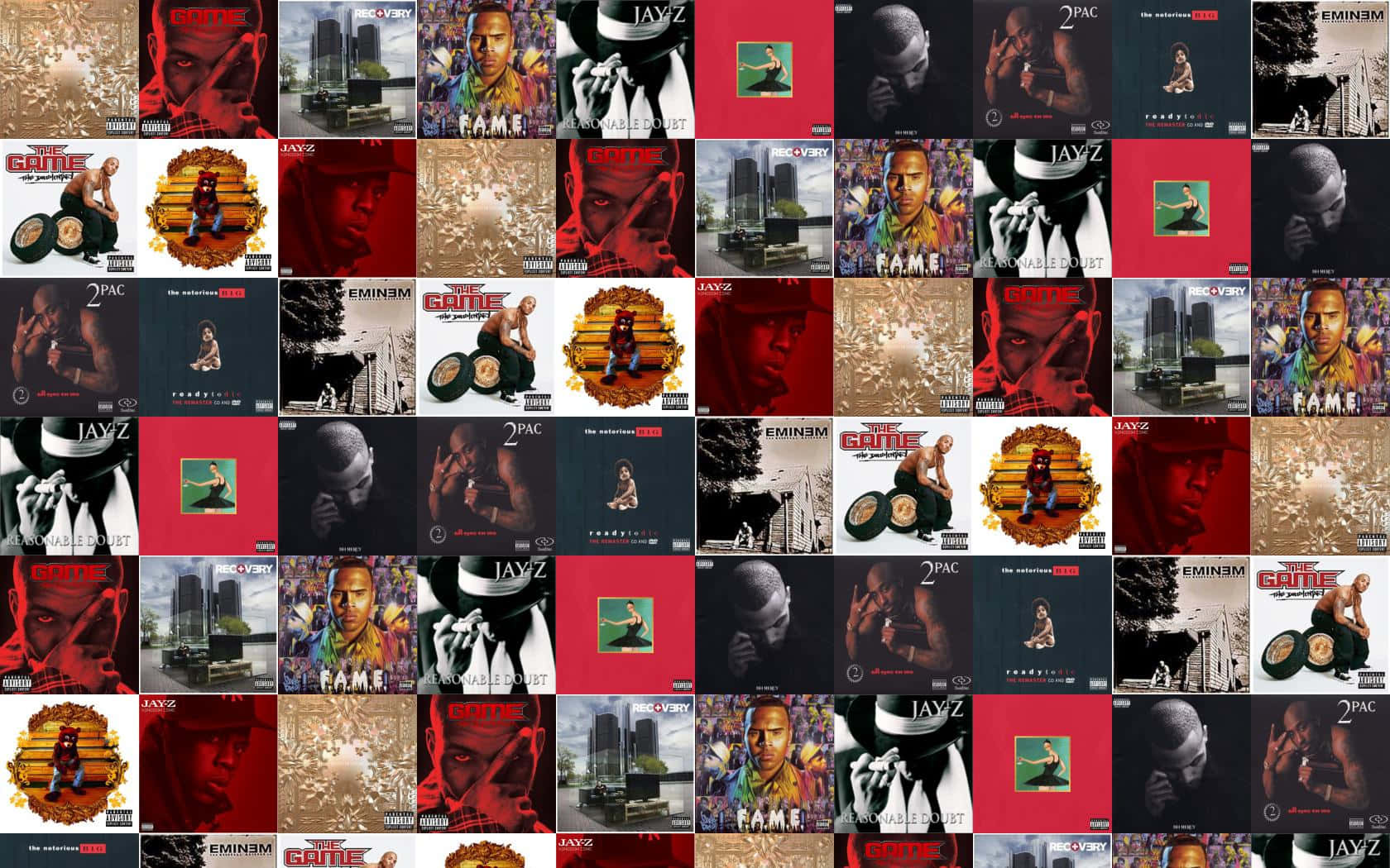 album 桌布 壁紙 — 一張嘻哈專輯封面拼貼， featuring 藝術家如 Jay Z 和 2Pac，帶有鮮明的紅色、金色和都市意象。