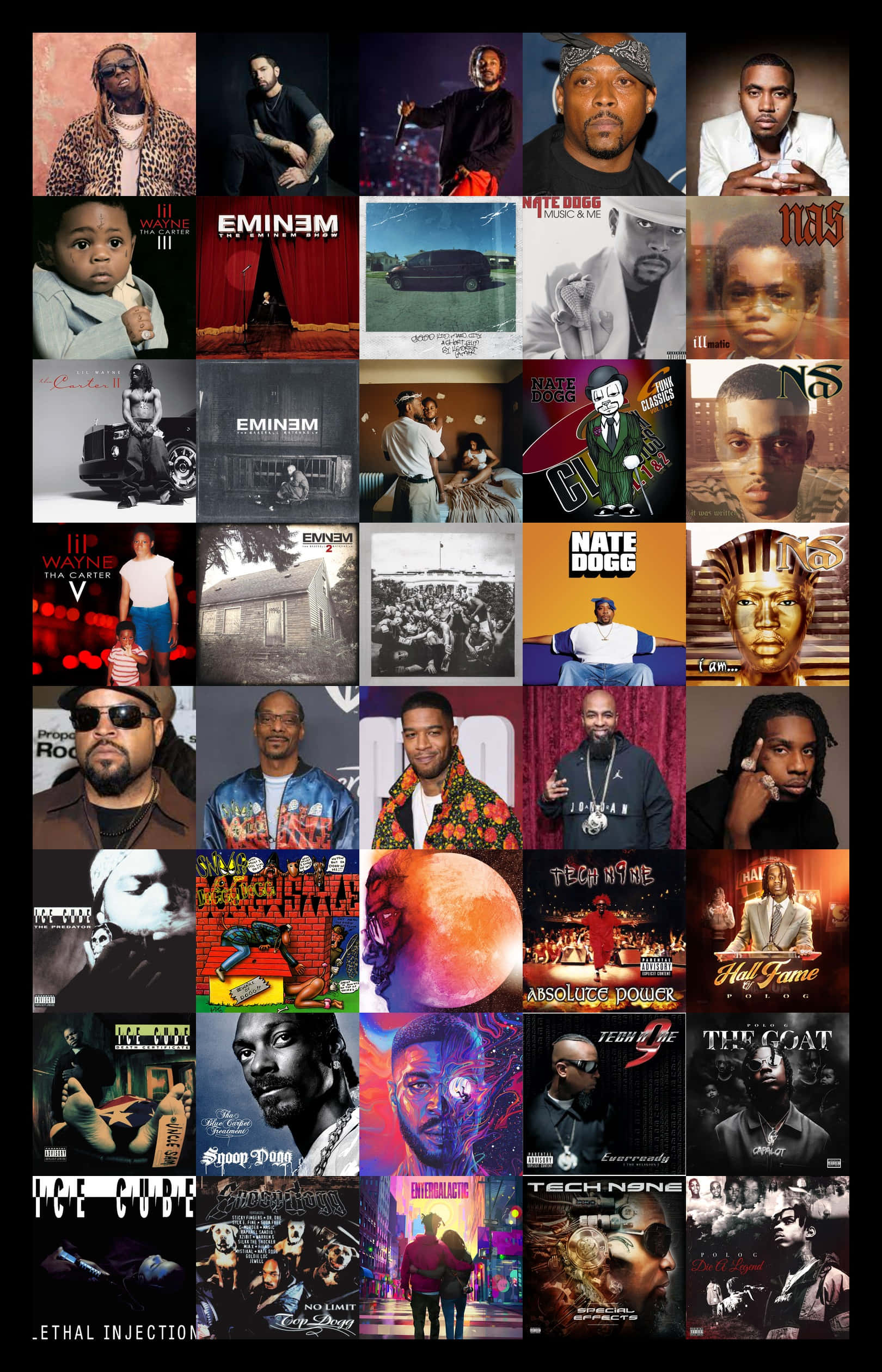 Hip Hop Album Covers 桌布 壁紙 — 一張嘻哈專輯封面的拼貼畫， featuring 藝術家如 Eminem、Nas 和 Snoop Dogg，具有大膽的圖形和多樣的設定。
